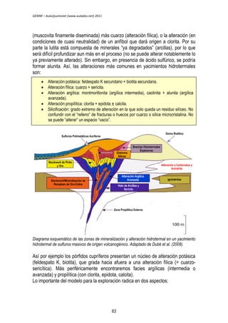 GEMM – Aula2puntonet (www.aulados.net) 2011 
(muscovita finamente diseminada) más cuarzo (alteración fílica), o la alteración (en 
condiciones de cuasi neutralidad) de un anfíbol que dará origen a clorita. Por su 
parte la lutita está compuesta de minerales “ya degradados” (arcillas), por lo que 
será difícil profundizar aun más en el proceso (no se puede alterar notablemente lo 
ya previamente alterado). Sin embargo, en presencia de ácido sulfúrico, se podría 
formar alunita. Así, las alteraciones más comunes en yacimientos hidrotermales 
son: 
 Alteración potásica: feldespato K secundario + biotita secundaria. 
 Alteración fílica: cuarzo + sericita. 
 Alteración argílica: montmorillonita (argílica intermedia), caolinita + alunita (argílica 
 Alteración potásica: feldespato K secundario + biotita secundaria. 
 Alteración fílica: cuarzo + sericita. 
 Alteración argílica: montmorillonita caolinita + alunita (argílica 
avanzada). 
 Alteración propilítica: clorita + epidota ± calcita. 
 Silicificación: grado extremo de alteración solo queda un residuo silíceo. No 
confundir con el “relleno” de fracturas o huecos por cuarzo o sílice microcristalina. No se 
puede “alterar” un espacio “vacío”. 
Sulfuros Polimetálicos Auríferos 
Brechas Hidrotermales 
Explosivas 
Diatrema 
Silícea 
Alteración Argílica 
Avanzada 
Domo Riolítico 
Halo de Arcillas y 
Sericita 
Alteración a Carbonatos y 
Ignimbritas 
Stockwork de Pirita 
y Oro 
Diagrama esquemático de las zonas de mineralización y alteración hidrotermal en un yacimiento 
hidrotermal de sulfuros masivos de origen volcanogénico. Adaptado de Dubé et al. (2009). 
Así por ejemplo los pórfidos cupríferos presentan un núcleo de alteración potásica 
(feldespato K, biotita), que grada hacia afuera a una alteración fílica (= cuarzo-sericítica). 
Más periféricamente encontraremos facies argílicas (intermedia o 
avanzada) y propilítica (con clorita, epidota, calcita). 
Lo importante del modelo para la exploración radica en dos aspectos: 
Anhidrita 
Stockwork/Mineralización de 
Remplazo de Oro-Cobre 
Zona Propilítica Externa 
avanzada). 
 Alteración propilítica: clorita + epidota ± calcita. 
 Silicificación: grado extremo de alteración en la que solo queda un residuo silíceo. No 
confundir con el “relleno” de fracturas o huecos por cuarzo o sílice microcristalina. No 
se puede “alterar” un espacio “vacío”. 
63 
 