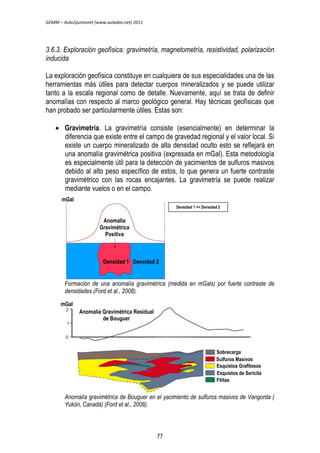 GEMM – Aula2puntonet (www.aulados.net) 2011 
3.6.3. Exploración geofísica: gravimetría, magnetometría, resistividad, polarización 
inducida 
La exploración geofísica constituye en cualquiera de sus especialidades una de las 
herramientas más útiles para detectar cuerpos mineralizados y se puede utilizar 
tanto a la escala regional como de detalle. Nuevamente, aquí se trata de definir 
anomalías con respecto al marco geológico general. Hay técnicas geofísicas que 
han probado ser particularmente útiles. Estas son: 
 Gravimetría. La gravimetría consiste (esencialmente) en determinar la 
diferencia que existe entre el campo de gravedad regional y el valor local. Si 
existe un cuerpo mineralizado de alta densidad oculto esto se reflejará en 
una anomalía gravimétrica positiva (expresada en mGal). Esta metodología 
es especialmente útil para la detección de yacimientos de sulfuros masivos 
debido al alto peso específico de estos, lo que genera un fuerte contraste 
gravimétrico con las rocas encajantes. La gravimetría se puede realizar 
mediante vuelos o en el campo. 
Anomalía 
Gravimétrica 
Positiva 
Densidad 1 Densidad 2 
Densidad 1 >> Densidad 2 
mGal 
Formación de una anomalía gravimétrica (medida en mGals) por fuerte contraste de 
densidades (Ford et al., 2008). 
Anomalía Gravimétrica Residual 
de Bouguer 
mGal 
Sobrecarga 
Sulfuros Masivos 
Esquistos Grafitosos 
Esquistos de Sericita 
Filitas 
Anomalía gravimétrica de Bouguer en el yacimiento de sulfuros masivos de Vangorda ( 
Yukón, Canadá) (Ford et al., 2008). 
77 
 
