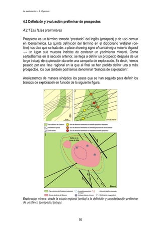 La evaluación – R. Oyarzun 
4.2 Definición y evaluación preliminar de prospectos 
4.2.1 Las fases preliminares 
Prospecto es un término tomado “prestado” del inglés (prospect) y de uso comun 
en Iberoamérica. La quinta definición del término en el diccionario Webster (on-line) 
nos dice que se trata de: a place showing signs of containing a mineral deposit 
→ un lugar que muestra indicios de contener un yacimiento mineral. Como 
señalábamos en la sección anterior, se llega a definir un prospecto después de un 
largo trabajo de exploración durante una campaña de exploración. Es decir, hemos 
pasado por una fase regional en la que al final se han podido definir uno o más 
prospectos, los que también podríamos denominar “blancos de exploración”. 
Analizaremos de manera sinóptica los pasos que se han seguido para definir los 
blancos de exploración en función de la siguiente figura. 
Blanco 
Exploración minera: desde la escala regional (arriba) a la definición y caracterización preliminar 
de un blanco (prospecto) (abajo). 
95 
 