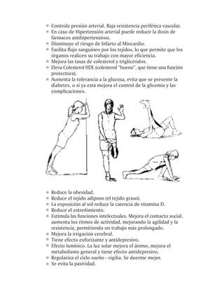 Controla presión arterial. Baja resistencia periférica vascular.
En caso de Hipertensión arterial puede reducir la dosis de
fármacos antihipertensivos.
Disminuye el riesgo de Infarto al Miocardio.
Facilita flujo sanguíneo por los tejidos, lo que permite que los
órganos realicen su trabajo con mayor eficiencia.
Mejora las tasas de colesterol y triglicéridos.
Eleva Colesterol HDL (colesterol “bueno”, que tiene una función
protectora).
Aumenta la tolerancia a la glucosa, evita que se presente la
diabetes, o si ya está mejora el control de la glicemia y las
complicaciones.




Reduce la obesidad.
Reduce el tejido adiposo (el tejido graso).
La exposición al sol reduce la carencia de vitamina D.
Reduce el estreñimiento.
Estimula las funciones intelectuales. Mejora el contacto social,
aumenta los ritmos de actividad, mejorando la agilidad y la
resistencia, permitiendo un trabajo más prolongado.
Mejora la irrigación cerebral.
Tiene efecto euforizante y antidepresivo.
Efecto lumínico. La luz solar mejora el ánimo, mejora el
metabolismo general y tiene efecto antidepresivo.
Regulariza el ciclo sueño - vigilia. Se duerme mejor.
Se evita la pasividad.
 