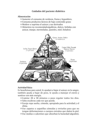 Cuidados del paciente diabético

Alimentación
    Aumente el consumo de verduras, frutas y legumbres.
    Consuma productos lácteos de bajo contenido graso
    Modere o suprima el azúcar y sus derivados
    Alimentos no recomendados(galletas, dulces, bebidas con
    azúcar, manjar, mermeladas, pasteles, miel, helados)




Actividad física
Es beneficiosa para usted, le ayudará a bajar el azúcar en la sangre,
también ayuda a bajar de peso, le ayuda a manejar el estrés y
sentirse con más energía.
     Camine 20 a 30 minutos a paso regular todos los días.
     Suba escaleras cada vez que pueda.
     Escoja ropa suelta, cómoda, apropiada para la actividad y el
     clima.
     Use zapatos o zapatillas cómodas y reviselos para que no
     tengan deformaciones o cuerpos extraños que dañen la piel.
     Use medias o calcetines que absorban la humedad (algodón).
 