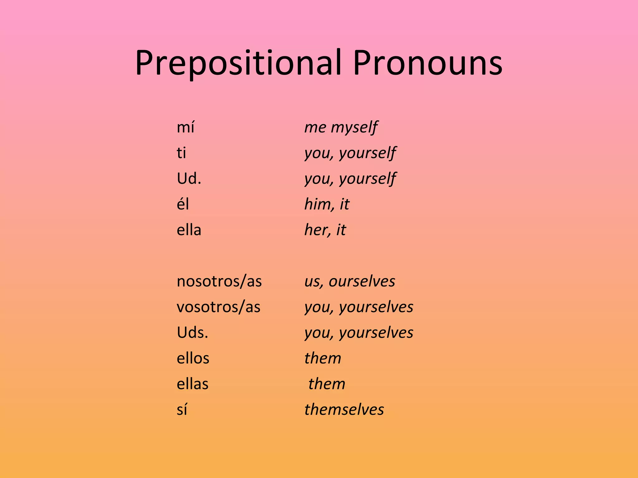 Prepositional Pronouns
  mí            me myself
  ti            you, yourself
  Ud.           you, yourself
  él            him, it
  ella          her, it

  nosotros/as   us, ourselves
  vosotros/as   you, yourselves
  Uds.          you, yourselves
  ellos         them
  ellas          them
  sí            themselves
 