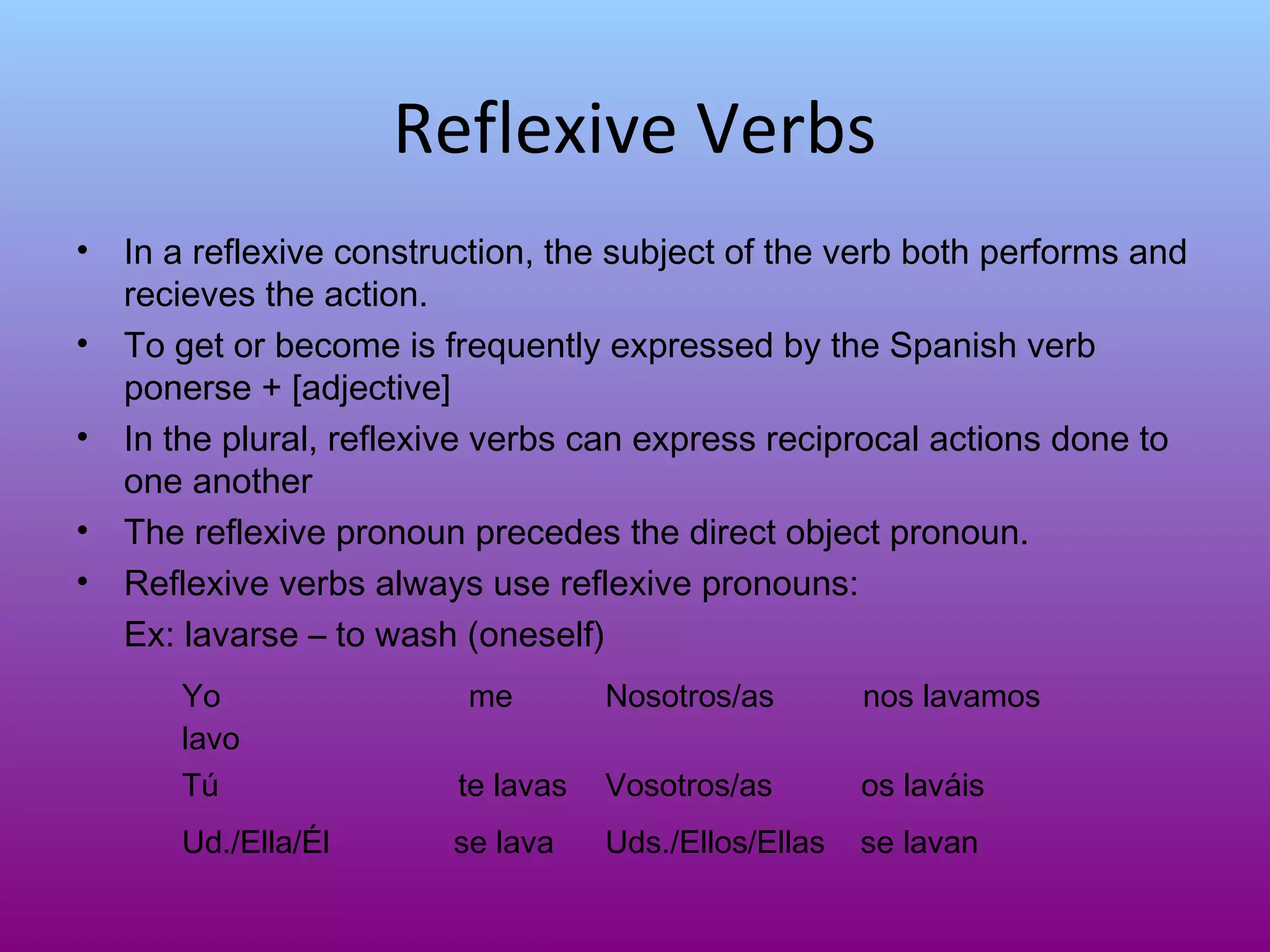Reflexive Verbs
•   In a reflexive construction, the subject of the verb both performs and
    recieves the action.
•   To get or become is frequently expressed by the Spanish verb
    ponerse + [adjective]
•   In the plural, reflexive verbs can express reciprocal actions done to
    one another
•   The reflexive pronoun precedes the direct object pronoun.
•   Reflexive verbs always use reflexive pronouns:
    Ex: lavarse – to wash (oneself)
       Yo                 me        Nosotros/as        nos lavamos
       lavo
       Tú                te lavas   Vosotros/as        os laváis
       Ud./Ella/Él       se lava    Uds./Ellos/Ellas   se lavan
 