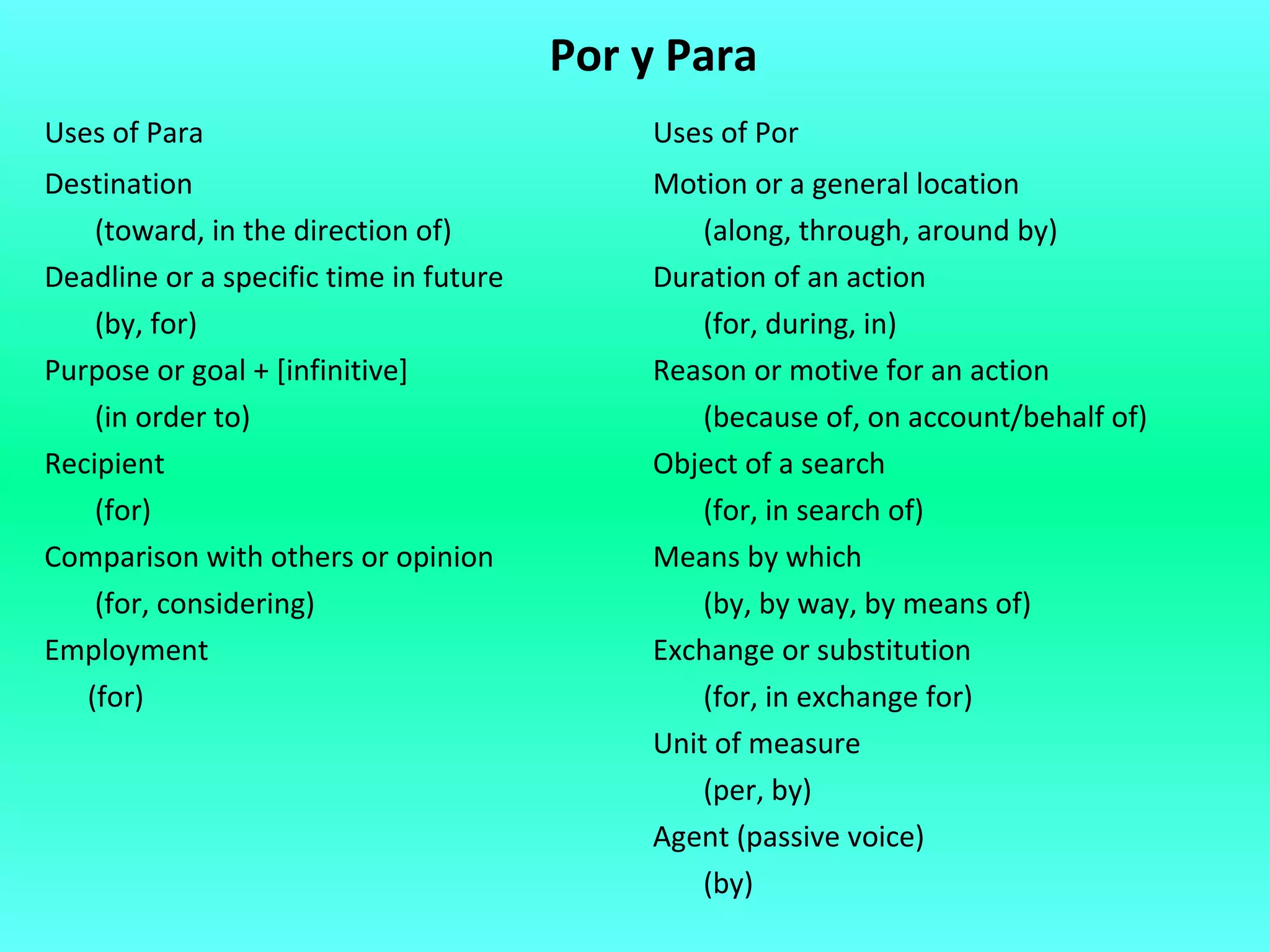 Por y Para
Uses of Para                                Uses of Por
Destination                                 Motion or a general location
    (toward, in the direction of)               (along, through, around by)
Deadline or a specific time in future       Duration of an action
    (by, for)                                   (for, during, in)
Purpose or goal + [infinitive]              Reason or motive for an action
    (in order to)                               (because of, on account/behalf of)
Recipient                                   Object of a search
    (for)                                       (for, in search of)
Comparison with others or opinion           Means by which
    (for, considering)                          (by, by way, by means of)
Employment                                  Exchange or substitution
   (for)                                        (for, in exchange for)
                                            Unit of measure
                                                (per, by)
                                            Agent (passive voice)
                                                (by)
 