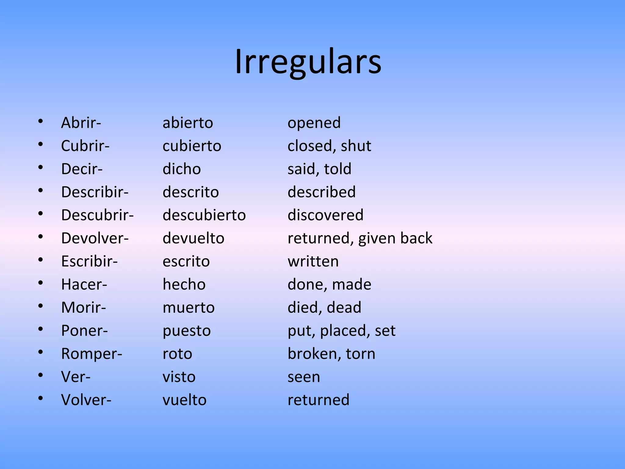 Irregulars
•   Abrir-       abierto       opened
•   Cubrir-      cubierto      closed, shut
•   Decir-       dicho         said, told
•   Describir-   descrito      described
•   Descubrir-   descubierto   discovered
•   Devolver-    devuelto      returned, given back
•   Escribir-    escrito       written
•   Hacer-       hecho         done, made
•   Morir-       muerto        died, dead
•   Poner-       puesto        put, placed, set
•   Romper-      roto          broken, torn
•   Ver-         visto         seen
•   Volver-      vuelto        returned
 