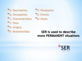 *D: Description     *P: Possession
*O: Occupation      *E: Events
*C: Charecteristics *D: Dates
*T: Time
*O: Origins
*R: Relationships        SER is used to describe
                     more PERMANENT situations



                                   *SER
 