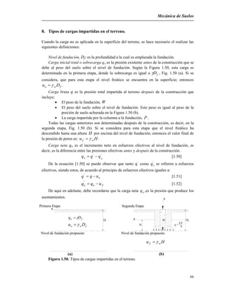 Mecánica de Suelos
66
Nivel de fundación propuesto
Df
Primera Etapa
Nivel de fundación propuesto
Segunda Etapa
Df
P
W
H q =
F
A
8. Tipos de cargas impartidas en el terreno.
Cuando la carga no es aplicada en la superficie del terreno, se hace necesario el realizar las
siguientes definiciones:
Nivel de fundación, Df: es la profundidad a la cual es emplazada la fundación.
Carga inicial total o sobrecarga qo es la presión existente antes de la construcción que se
debe al peso del suelo sobre el nivel de fundación. Según la Figura 1.50, esta carga es
determinada en la primera etapa, donde la sobrecarga es igual a fD , Fig. 1.50 (a). Si se
considera, que para esta etapa el nivel freático se encuentra en la superficie; entonces
fwo Du  .
Carga bruta q es la presión total impartida al terreno después de la construcción que
incluye:
 El peso de la fundación, W
 El peso del suelo sobre el nivel de fundación. Este peso es igual al peso de la
porción de suelo achurada en la Figura 1.50 (b).
 La carga impartida por la columna a la fundación, P .
Todas las cargas anteriores son determinadas después de la construcción, es decir, en la
segunda etapa, Fig. 1.50 (b). Si se considera para esta etapa que el nivel freático ha
descendido hasta una altura H por encima del nivel de fundación; entonces el valor final de
la presión de poros es: Hu wf  .
Carga neta qn es el incremento neto en esfuerzos efectivos al nivel de fundación, es
decir, es la diferencia entre las presiones efectivas antes y después de la construcción.
''
on qqq  [1.50]
De la ecuación [1.50] se puede observar que tanto '
q como '
oq se refieren a esfuerzos
efectivos, siendo estos, de acuerdo al principio de esfuerzos efectivos iguales a:
ouqq '
[1.51]
foo uqq '
[1.52]
De aquí en adelante, debe recordarse que la carga neta nq ,es la presión que produce los
asentamientos.
fo Dq 
fwo Du 
Hu wf 
(a) (b)
Figura 1.50. Tipos de cargas impartidas en el terreno.
 