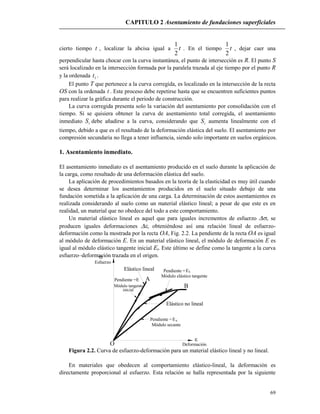 CAPITULO 2 Asentamiento de fundaciones superficiales
69
O
A
B
Módulo elástico tangente
Pendiente = tE
Deformación
Esfuerzo


Elástico lineal
Elástico no lineal
Pendiente =
Módulo secante
Es
Pendiente =E
Módulo tangente
inicial
cierto tiempo t , localizar la abcisa igual a t
2
1
. En el tiempo t
2
1
, dejar caer una
perpendicular hasta chocar con la curva instantánea, el punto de intersección es R. El punto S
será localizado en la intersección formada por la paralela trazada al eje tiempo por el punto R
y la ordenada 1t .
El punto T que pertenece a la curva corregida, es localizado en la intersección de la recta
OS con la ordenada t . Este proceso debe repetirse hasta que se encuentren suficientes puntos
para realizar la gráfica durante el periodo de construcción.
La curva corregida presenta solo la variación del asentamiento por consolidación con el
tiempo. Si se quisiera obtener la curva de asentamiento total corregida, el asentamiento
inmediato iS debe añadirse a la curva, considerando que iS aumenta linealmente con el
tiempo, debido a que es el resultado de la deformación elástica del suelo. El asentamiento por
compresión secundaria no llega a tener influencia, siendo solo importante en suelos orgánicos.
1. Asentamiento inmediato.
El asentamiento inmediato es el asentamiento producido en el suelo durante la aplicación de
la carga, como resultado de una deformación elástica del suelo.
La aplicación de procedimientos basados en la teoría de la elasticidad es muy útil cuando
se desea determinar los asentamientos producidos en el suelo situado debajo de una
fundación sometida a la aplicación de una carga. La determinación de estos asentamientos es
realizada considerando al suelo como un material elástico lineal; a pesar de que este es en
realidad, un material que no obedece del todo a este comportamiento.
Un material elástico lineal es aquel que para iguales incrementos de esfuerzo v se
producen iguales deformaciones  obteniéndose así una relación lineal de esfuerzo-
deformación como la mostrada por la recta OA, Fig. 2.2. La pendiente de la recta OA es igual
al módulo de deformación E. En un material elástico lineal, el módulo de deformación E es
igual al módulo elástico tangente inicial Et. Este último se define como la tangente a la curva
esfuerzo–deformación trazada en el origen.
Figura 2.2. Curva de esfuerzo-deformación para un material elástico lineal y no lineal.
En materiales que obedecen al comportamiento elástico-lineal, la deformación es
directamente proporcional al esfuerzo. Esta relación se halla representada por la siguiente
 