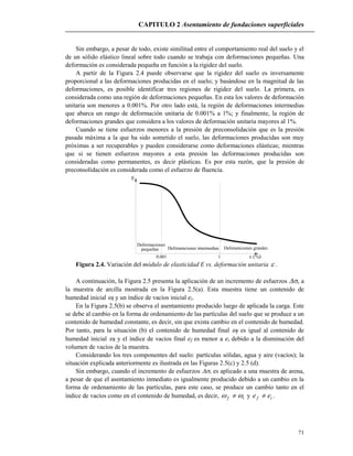 CAPITULO 2 Asentamiento de fundaciones superficiales
71
Sin embargo, a pesar de todo, existe similitud entre el comportamiento real del suelo y el
de un sólido elástico lineal sobre todo cuando se trabaja con deformaciones pequeñas. Una
deformación es considerada pequeña en función a la rigidez del suelo.
A partir de la Figura 2.4 puede observarse que la rigidez del suelo es inversamente
proporcional a las deformaciones producidas en el suelo; y basándose en la magnitud de las
deformaciones, es posible identificar tres regiones de rigidez del suelo. La primera, es
considerada como una región de deformaciones pequeñas. En esta los valores de deformación
unitaria son menores a 0.001%. Por otro lado está, la región de deformaciones intermedias
que abarca un rango de deformación unitaria de 0.001% a 1%; y finalmente, la región de
deformaciones grandes que considera a los valores de deformación unitaria mayores al 1%.
Cuando se tiene esfuerzos menores a la presión de preconsolidación que es la presión
pasada máxima a la que ha sido sometido el suelo, las deformaciones producidas son muy
próximas a ser recuperables y pueden considerarse como deformaciones elásticas; mientras
que si se tienen esfuerzos mayores a esta presión las deformaciones producidas son
consideradas como permanentes, es decir plásticas. Es por esta razón, que la presión de
preconsolidación es considerada como el esfuerzo de fluencia.
0.001 1
Deforamciones intermedias
Deformaciones
E
pequeñas Deforamciones grandes

Figura 2.4. Variación del módulo de elasticidad E vs. deformación unitaria  .
A continuación, la Figura 2.5 presenta la aplicación de un incremento de esfuerzos v a
la muestra de arcilla mostrada en la Figura 2.5(a). Esta muestra tiene un contenido de
humedad inicial i y un índice de vacíos inicial ei.
En la Figura 2.5(b) se observa el asentamiento producido luego de aplicada la carga. Este
se debe al cambio en la forma de ordenamiento de las partículas del suelo que se produce a un
contenido de humedad constante, es decir, sin que exista cambio en el contenido de humedad.
Por tanto, para la situación (b) el contenido de humedad final f es igual al contenido de
humedad inicial i y el índice de vacíos final ef es menor a ei debido a la disminución del
volumen de vacíos de la muestra.
Considerando los tres componentes del suelo: partículas sólidas, agua y aire (vacíos); la
situación explicada anteriormente es ilustrada en las Figuras 2.5(c) y 2.5 (d).
Sin embargo, cuando el incremento de esfuerzos v es aplicado a una muestra de arena,
a pesar de que el asentamiento inmediato es igualmente producido debido a un cambio en la
forma de ordenamiento de las partículas, para este caso, se produce un cambio tanto en el
índice de vacíos como en el contenido de humedad, es decir, if   y if ee  .
 
