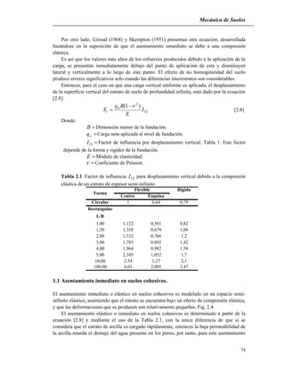 Mecánica de Suelos
74
Por otro lado, Giroud (1968) y Skempton (1951) presentan otra ecuación, desarrollada
basándose en la suposición de que el asentamiento inmediato se debe a una compresión
elástica.
Es así que los valores más altos de los esfuerzos producidos debido a la aplicación de la
carga, se presentan inmediatamente debajo del punto de aplicación de esta y disminuyen
lateral y verticalmente a lo largo de este punto. El efecto de no homogeneidad del suelo
produce errores significativos solo cuando las diferencias ínterestratos son considerables.
Entonces, para el caso en que una carga vertical uniforme es aplicada, el desplazamiento
de la superficie vertical del estrato de suelo de profundidad infinita, está dado por la ecuación
[2.8]:
12
2
)1(
I
E
Bq
S n
i

 [2.8]
Donde:
B Dimensión menor de la fundación.
nq Carga neta aplicada al nivel de fundación.
12I Factor de influencia por desplazamiento vertical; Tabla 1. Este factor
depende de la forma y rigidez de la fundación.
E Módulo de elasticidad.
 Coeficiente de Poisson.
Tabla 2.1. Factor de influencia 12I para desplazamiento vertical debido a la compresión
elástica de un estrato de espesor semi-infinito.
Rígida
Centro Esquina
Circular 1 0,64 0,79
Rectangular
1,00 1,122 0,561 0,82
1,50 1,358 0,679 1,06
2,00 1,532 0,766 1,2
3,00 1,783 0,892 1,42
4,00 1,964 0,982 1,58
5,00 2,105 1,052 1,7
10,00 2,54 1,27 2,1
100,00 4,01 2,005 3,47
L/B
Flexible
Forma
1.1 Asentamiento inmediato en suelos cohesivos.
El asentamiento inmediato o elástico en suelos cohesivos es modelado en un espacio semi-
infinito elástico, asumiendo que el estrato se encuentra bajo un efecto de compresión elástica,
y que las deformaciones que se producen son relativamente pequeñas, Fig. 2.4.
El asentamiento elástico o inmediato en suelos cohesivos es determinado a partir de la
ecuación [2.8] y mediante el uso de la Tabla 2.1, con la única diferencia de que si se
considera que el estrato de arcilla es cargado rápidamente, entonces la baja permeabilidad de
la arcilla retarda el drenaje del agua presente en los poros, por tanto, para este asentamiento
 