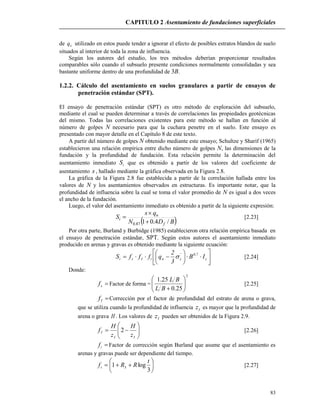 CAPITULO 2 Asentamiento de fundaciones superficiales
83
de cq utilizado en estos puede tender a ignorar el efecto de posibles estratos blandos de suelo
situados al interior de toda la zona de influencia.
Según los autores del estudio, los tres métodos deberían proporcionar resultados
comparables sólo cuando el subsuelo presente condiciones normalmente consolidadas y sea
bastante uniforme dentro de una profundidad de 3B.
1.2.2. Cálculo del asentamiento en suelos granulares a partir de ensayos de
penetración estándar (SPT).
El ensayo de penetración estándar (SPT) es otro método de exploración del subsuelo,
mediante el cual se pueden determinar a través de correlaciones las propiedades geotécnicas
del mismo. Todas las correlaciones existentes para este método se hallan en función al
número de golpes N necesario para que la cuchara penetre en el suelo. Este ensayo es
presentado con mayor detalle en el Capítulo 8 de este texto.
A partir del número de golpes N obtenido mediante este ensayo; Schultze y Sharif (1965)
establecieron una relación empírica entre dicho número de golpes N, las dimensiones de la
fundación y la profundidad de fundación. Esta relación permite la determinación del
asentamiento inmediato iS que es obtenido a partir de los valores del coeficiente de
asentamiento s , hallado mediante la gráfica observada en la Figura 2.8.
La gráfica de la Figura 2.8 fue establecida a partir de la correlación hallada entre los
valores de N y los asentamientos observados en estructuras. Es importante notar, que la
profundidad de influencia sobre la cual se toma el valor promedio de N es igual a dos veces
el ancho de la fundación.
Luego, el valor del asentamiento inmediato es obtenido a partir de la siguiente expresión:
 BDN
qs
S
f
n
i
/4.0187.0 

 [2.23]
Por otra parte, Burland y Burbidge (1985) establecieron otra relación empírica basada en
el ensayo de penetración estándar, SPT. Según estos autores el asentamiento inmediato
producido en arenas y gravas es obtenido mediante la siguiente ecuación:












 c
7.0'
cntIsi IB
3
2
qfffS  [2.24]
Donde:
sf Factor de forma =
2
25.0
25.1






BL
BL
[2.25]
If Corrección por el factor de profundidad del estrato de arena o grava,
que se utiliza cuando la profundidad de influencia Iz es mayor que la profundidad de
arena o grava H . Los valores de Iz pueden ser obtenidos de la Figura 2.9.







II
I
z
H
z
H
f 2 [2.26]
tf Factor de corrección según Burland que asume que el asentamiento es
arenas y gravas puede ser dependiente del tiempo.







3
log1 3
t
RRft [2.27]
 
