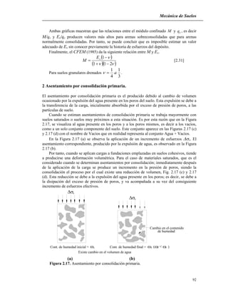 Mecánica de Suelos
92
Ambas gráficas muestran que las relaciones entre el módulo confinado M y cq , es decir
M/qc y Es/qc producen valores más altos para arenas sobreconsolidadas que para arenas
normalmente consolidadas. Por tanto, se puede concluir que es imposible estimar un valor
adecuado de Es sin conocer previamente la historia de esfuerzos del depósito.
Finalmente, el CFEM (1985) da la siguiente relación entre M y Es.
 
  

211
1


 sE
M [2.31]
Para suelos granulares drenados
3
1
4
1
a .
2 Asentamiento por consolidación primaria.
El asentamiento por consolidación primaria es el producido debido al cambio de volumen
ocasionado por la expulsión del agua presente en los poros del suelo. Esta expulsión se debe a
la transferencia de la carga, inicialmente absorbida por el exceso de presión de poros, a las
partículas de suelo.
Cuando se estiman asentamientos de consolidación primaria se trabaja mayormente con
suelos saturados o suelos muy próximos a esta situación. Es por esta razón que en la Figura
2.17, se visualiza al agua presente en los poros y a los poros mismos, es decir a los vacíos,
como a un solo conjunto componente del suelo. Este conjunto aparece en las Figuras 2.17 (c)
y 2.17 (d) con el nombre de Vacíos que en realidad representa al conjunto Agua + Vacíos.
En la Figura 2.17 (a) se observa la aplicación de un incremento de esfuerzos v El
asentamiento correspondiente, producido por la expulsión de agua, es observado en la Figura
2.17 (b).
Por tanto, cuando se aplican cargas a fundaciones emplazadas en suelos cohesivos, tiende
a producirse una deformación volumétrica. Para el caso de materiales saturados, que es el
considerado cuando se determinan asentamientos por consolidación; inmediatamente después
de la aplicación de la carga se produce un incremento en la presión de poros, siendo la
consolidación el proceso por el cual existe una reducción de volumen, Fig. 2.17 (c) y 2.17
(d). Esta reducción se debe a la expulsión del agua presente en los poros; es decir, se debe a
la disipación del exceso de presión de poros, y va acompañada a su vez del consiguiente
incremento de esfuerzos efectivos.
v
v
Existe cambio en el volumen de agua
Cont. de humedad inicial = i

Cambio en el contenido
Cont. de humedad final = f f < i
de humedad

(a) (b)
Figura 2.17. Asentamiento por consolidación primaria.
 