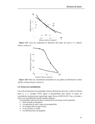 Mecánica de Suelos
96
e
e
e
A
1
B
C
a =v

e
'e
'
'' '1 2
1
2
Índicedevacíos,e
Esfuerzo efectivo vertical, '
Figura 2.19. Curva de compresión de laboratorio del índice de vacíos e vs. esfuerzo
efectivo vertical '
v .
0
10
20
30
40
0 10 100
Deformaciónvertical,(%)
Esfuerzo efectivo vertical, '
Figura 2.20. Datos de consolidación presentados en una gráfica de deformación vertical
 % vs. esfuerzo efectivo vertical '
v .
2.2. Ensayo de consolidación.
Con el fin de determinar las propiedades esfuerzo-deformación del suelo, es decir la relación
entre '
v y z; Terzaghi (1925) sugirió el procedimiento para realizar el ensayo de
consolidación unidimensional especificado según Norma ASTM D-2435. Este es llevado a
cabo en un consolidómetro llamado también odómetro.
Las principales suposiciones para la realización de este ensayo son las siguientes:
 Suelo saturado y homogéneo.
 Las partículas de suelo y agua son incompresibles.
 Se considera flujo de agua vertical.
 La ley de Darcy es válida.
 Las deformaciones son pequeñas.
 