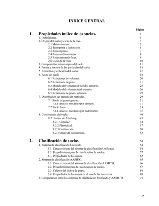xv
INDICE GENERAL
Página
1. Propiedades índice de los suelos. 1
1. Definiciones. 1
2. Origen del suelo y ciclo de la roca. 3
2.1 Meteorización. 3
2.2 Transporte y deposición. 5
2.3 Rocas ígneas. 7
2.4 Rocas sedimentarias. 8
2.5 Rocas metamórficas. 9
2.6 Ciclo de la roca. 10
3. Composición mineralógica del suelo. 11
4. Forma y textura de las partículas del suelo. 15
5. Estructura y cohesión del suelo. 16
6. Fases del suelo 18
6.1 Relaciones de volumen. 20
6.2 Relaciones de peso. 21
6.3 Modelo del volumen de sólidos unitario. 25
6.4 Modelo del volumen total unitario. 26
6.5 Relaciones de peso - volumen. 29
7. Distribución del tamaño de partículas. 29
7.1 Suelo de grano grueso. 31
7.1.1 Análisis mecánico por tamices. 31
7.2 Suelo finos. 35
7.2.1 Análisis mecánico por hidrómetro. 35
8. Consistencia del suelo. 40
8.2 Límites de Atterberg. 43
8.2.1 Liquidez. 44
8.2.2 Plasticidad. 47
8.2.3 Contracción. 50
8.2.4 Índice de consistencia. 53
2. Clasificación de suelos. 54
1. Sistema de clasificación Unificado. 54
1.1. Características del sistema de clasificación Unificado. 54
1.2. Procedimiento para la clasificación de suelos. 57
1.3. Propiedades de los suelos. 62
2. Sistema de clasificación AASHTO. 65
2.1. Características del sistema de clasificación AASHTO. 66
2.2. Procedimiento para la clasificación de suelos. 57
2.3. Calculo del índice de grupo. 68
2.4. Propiedades de los suelos en el uso de las carreteras. 69
3. Comparación entre los sistemas de clasificación Unificado y AASHTO. 75
 