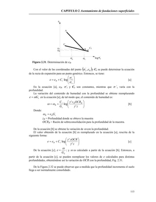 CAPITULO 2 Asentamiento de fundaciones superficiales
115
o
'

eo
eB
C
c
'
log
B
Cr
A
e
'
z
Figura 2.31. Determinación de eB.
Con el valor de las coordenadas del punto  Bc e,'
 y Cr se puede determinar la ecuación
de la recta de expansión para un punto genérico. Entonces, se tiene:






 '
'
log
o
c
rB Cee


[a]
En la ecuación [a], eB, ’c y Cr son constantes, mientras que ’o varía con la
profundidad.
La variación del contenido de humedad con la profundidad se obtiene reemplazando
sGe  en la ecuación [a], de tal modo que, el contenido de humedad es:







z
OCRz
G
C BB
s
r
B
'
'
log


 [b]
Donde:
sBB Ge
zB = Profundidad donde se obtuvo la muestra
OCRB = Razón de sobreconsolidación para la profundidad de la muestra.
De la ecuación [b] se obtiene la variación de  con la profundidad.
El valor obtenido de la ecuación [b] es reemplazado en la ecuación [a], rescrita de la
siguiente forma:







z
zOCR
Cee rB
'
'
log


[c]
De la ecuación [c],
SG
e

 ; y  es calculado a partir de la ecuación [b]. Entonces, a
partir de la ecuación [c], se pueden reemplazar los valores de e calculados para distintas
profundidades, obteniéndose así la variación de OCR con la profundidad, Fig. 2.31.
De la Figura 2.32 se puede observar que a medida que la profundidad incrementa el suelo
llega a ser normalmente consolidado.
 