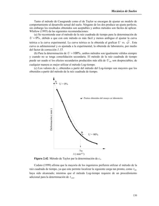 Mecánica de Suelos
130
Tanto el método de Casagrande como el de Taylor se encargan de ajustar un modelo de
comportamiento al desarrollo actual del suelo. Ninguno de los dos produce un ajuste perfecto,
sin embargo los resultados obtenidos son aceptables y ambos métodos son fáciles de aplicar.
Whitlow (1995) da las siguientes recomendaciones:
(a) Se recomienda usar el método de la raíz cuadrada de tiempo para la determinación de
%0U , debido a que con este método es más fácil y menos ambiguo el ajustar la curva
teórica a la curva experimental. La curva teórica es la obtenida al graficar U vs. t . Esta
curva es adimensional y es ajustada a la experimental, la obtenida de laboratorio, por medio
del factor de corrección 1.15.
(b) Para la determinación de %100U , ambos métodos son igualmente válidos siempre
y cuando no se tenga consolidación secundaria. El método de la raíz cuadrada de tiempo
puede ser usado si los efectos secundarios producidos más allá de 90U son despreciables; de
cualquier manera es mejor utilizar el método Log-tiempo.
(c) Los valores de cv obtenidos a partir del método del Log-tiempo son mayores que los
obtenidos a partir del método de la raíz cuadrada de tiempo.
B
A
U = 90%
U = 0%
= Puntos obtenidos del ensayo en laboratorio.
t ( min )0.5
t90
Deformación(mm)
Figura 2.42. Método de Taylor par la determinación de cv.
Coduto (1999) afirma que la mayoría de los ingenieros prefieren utilizar el método de la
raíz cuadrada de tiempo, ya que este permite localizar la siguiente carga tan pronto, como 90t
haya sido alcanzado; mientras que el método Log-tiempo requiere de un procedimiento
adicional para la determinación de 100t .
 