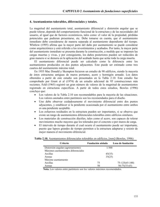 CAPITULO 2 Asentamiento de fundaciones superficiales
133
4. Asentamientos tolerables, diferenciales y totales.
La magnitud del asentamiento total, asentamiento diferencial y distorsión angular que se
puede tolerar, depende del comportamiento funcional de la estructura y de las necesidades del
usuario, al igual que de factores económicos, tales como: el valor de la propiedad, pérdidas
potenciales que pudieran presentarse, etc. Debe tomarse en cuenta, que el asentamiento
inmediato debe considerarse de manera separada al asentamiento dependiente del tiempo.
Whitlow (1995) afirma que la mayor parte del daño por asentamiento se puede considerar
como arquitectónico y está referido a los revestimientos y acabados. Por tanto, la mayor parte
del asentamiento inmediato se presenta durante la construcción, a medida que se imponen las
cargas muertas y vivas, y por consiguiente, los daños posteriores pueden ser reducidos de
gran manera si se demora en la aplicación del acabado hasta que actúe toda la carga muerta.
El asentamiento diferencial puede ser calculado como la diferencia entre los
asentamientos producidos en dos puntos adyacentes. Este puede ser estimado como tres
cuartos del asentamiento máximo total.
En 1955 Mac Donald y Skempton hicieron un estudio de 98 edificios, siendo la mayoría
de éstos estructuras antiguas de muros portantes, acero y hormigón armado. Los datos
obtenidos a partir de este estudio son presentados en la Tabla 2.10. Este estudio fue
comprobado por Grant et al (1974) de un estudio adicional de 95 construcciones más
recientes. Feld (1965) registró un gran número de valores de la magnitud de asentamientos
registrado en estructuras específicas. A partir de todos estos estudios, Bowles (1996)
concluye que:
 Los valores de la Tabla 2.10 son recomendables para la mayoría de las situaciones.
Los valores anotados entre paréntesis son los recomendados para el diseño.
 Uno debe observar cuidadosamente el movimiento diferencial entre dos puntos
adyacentes, y establecer si la pendiente ocasionada por el asentamiento entre ambos
es una pendiente aceptable.
 Los esfuerzos residuales en la estructura pueden ser importantes, si se observa que
existe un rango de asentamientos diferenciales tolerables entre edificios similares.
 Los materiales de construcción dúctiles, tales como el acero, son capaces de tolerar
movimientos mucho mayores que los tolerados por el concreto o por muros de carga.
 El intervalo de tiempo durante el cual ocurre el asentamiento puede ser importante,
puesto que lapsos grandes de tiempo permiten a la estructura adaptarse y resistir de
mejor manera el movimiento diferencial.
Tabla 2.10. Asentamientos diferenciales tolerables en edificios, [mm] (Bowles, 1996)
Criterio Fundación aislada Losa de fundación
Distorsión angular (agrietamiento)
Máximos asentamientos diferenciales
Arcillas
Arenas
Máximo asentamiento
Arcillas
Arenas
1/300
45(35)
35(25)
75 75-125(65-100)
50 50-75(35-65)
Nota. Los valores entre paréntesis son los valores máximos recomendados.
 