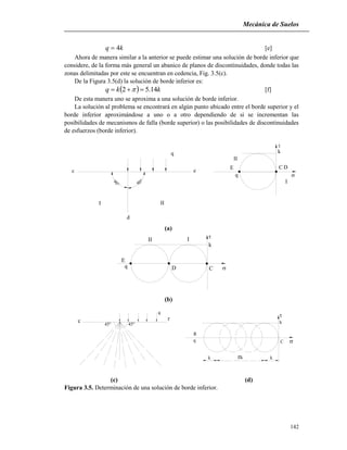 Mecánica de Suelos
142
kq 4 [e]
Ahora de manera similar a la anterior se puede estimar una solución de borde inferior que
considere, de la forma más general un abanico de planos de discontinuidades, donde todas las
zonas delimitadas por este se encuentran en cedencia, Fig. 3.5(c).
De la Figura 3.5(d) la solución de borde inferior es:
  kkq 14.52   [f]
De esta manera uno se aproxima a una solución de borde inferior.
La solución al problema se encontrará en algún punto ubicado entre el borde superior y el
borde inferior aproximándose a uno o a otro dependiendo de si se incrementan las
posibilidades de mecanismos de falla (borde superior) o las posibilidades de discontinuidades
de esfuerzos (borde inferior).
d
III
c e
q
q
E
II
k
C D
I

90°
90°
(a)
II I
k
CDq
E


(b)
c r
q
45°45°
R
q
k
C
kk


k
(c) (d)
Figura 3.5. Determinación de una solución de borde inferior.
 