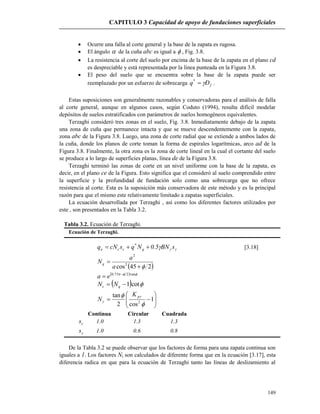CAPITULO 3 Capacidad de apoyo de fundaciones superficiales
149
 Ocurre una falla al corte general y la base de la zapata es rugosa.
 El ángulo  de la cuña abc es igual a  , Fig. 3.8.
 La resistencia al corte del suelo por encima de la base de la zapata en el plano cd
es despreciable y está representada por la línea punteada en la Figura 3.8.
 El peso del suelo que se encuentra sobre la base de la zapata puede ser
reemplazado por un esfuerzo de sobrecarga f
*
Dq  .
Estas suposiciones son generalmente razonables y conservadoras para el análisis de falla
al corte general, aunque en algunos casos, según Coduto (1994), resulta difícil modelar
depósitos de suelos estratificados con parámetros de suelos homogéneos equivalentes.
Terzaghi consideró tres zonas en el suelo, Fig. 3.8. Inmediatamente debajo de la zapata
una zona de cuña que permanece intacta y que se mueve descendentemente con la zapata,
zona abc de la Figura 3.8. Luego, una zona de corte radial que se extiende a ambos lados de
la cuña, donde los planos de corte toman la forma de espirales logarítmicas, arco ad de la
Figura 3.8. Finalmente, la otra zona es la zona de corte lineal en la cual el cortante del suelo
se produce a lo largo de superficies planas, línea de de la Figura 3.8.
Terzaghi terminó las zonas de corte en un nivel uniforme con la base de la zapata, es
decir, en el plano ce de la Figura. Esto significa que el consideró al suelo comprendido entre
la superficie y la profundidad de fundación solo como una sobrecarga que no ofrece
resistencia al corte. Esta es la suposición más conservadora de este método y es la principal
razón para que el mismo este relativamente limitado a zapatas superficiales.
La ecuación desarrollada por Terzaghi , así como los diferentes factores utilizados por
este , son presentados en la Tabla 3.2.
Tabla 3.2. Ecuación de Terzaghi.
Ecuación de Terzaghi.
 sBN5.0NqscNq q
*
ccu  [3.18]
 245cos2
2


a
a
Nq
   tan275.0 
 ea
  cot1 qc NN






 1
cos2
tan
2

 

pK
N
Continua Circular Cuadrada
cs 1.0 1.3 1.3
s 1.0 0.6 0.8
De la Tabla 3.2 se puede observar que los factores de forma para una zapata continua son
iguales a 1. Los factores Ni son calculados de diferente forma que en la ecuación [3.17], esta
diferencia radica en que para la ecuación de Terzaghi tanto las líneas de deslizamiento al
 