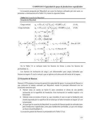 CAPITULO 3 Capacidad de apoyo de fundaciones superficiales
153
 V
H
R
La ecuación propuesta por Meyerhof, así como los factores utilizados por este autor, se
presentan a continuación en la Tabla 3.4 y tienen la siguiente forma:
Tabla 3.4. Ecuación de Meyerhof
Ecuación de Meyerhof.
Carga vertical:  dsBN5.0dsNqdscNq qqq
*
cccu  [3.19]
Carga inclinada:  disBNdisNqdiscNq qqqqccccu 5.0*
 [3.20]







2
45tan2tan 
eNq
  cot1 qc NN
    4.1tan1 qNN













2
45tan2 
pK
L
B
Kss
L
B
Ks pqpc 1.01,2.01   Para 10
1,2.01  ss
L
B
s qc Para  0
B
D
Kdd
B
D
d
f
pq
f
c 1.01,2.01  
22
1,
90
1 















iii qc
En la Tabla 3.4 se incluyen tanto los factores de forma is como los factores de
profundidad id .
Los factores de inclinación de carga ii son determinados para cargas inclinadas que
forman un ángulo  con la vertical y que se aplican en la dirección del ancho de la zapata.
2.3 Ecuación de Hansen.
Hansen (1970) propuso la ecuación general de capacidad de apoyo. La ecuación de Hansen es
una extensión al trabajo realizado por Meyerhof, siendo la principal diferencia con las
ecuaciones anteriores que:
 Hansen toma en cuenta un factor ib para considerar el efecto de una posible
inclinación de la superficie de fundación. Esta inclinación es medida respecto a la
horizontal.
 Además toma en cuenta el factor ig que considera el caso en que la fundación está
siendo soportada por la superficie de un talud que se halla formando un ángulo  con
la horizontal.
 Al igual que la ecuación de Meyerhof, la ecuación de Hansen puede ser utilizada tanto
para fundaciones superficiales como para fundaciones profundas, ya que esta incluye
un factor de profundidad id .
La ecuación general de Hansen es presentada en la Tabla 3.5 (a).
 