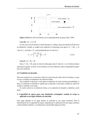 Mecánica de Suelos
162
Peso unitario efectivo =
Nivel freático
Peso unitario =
B
Df
d

'
Figura 3.10.Efecto del nivel freático en la capacidad última de apoyo (Das, 1999).
Caso III.- BdDf 
En este caso el nivel freático se halla ubicado en o debajo, hasta una distancia B, del nivel
de fundación. Cuando se cumpla esta condición la sobrecarga será igual a f
*
Dq  , y el
valor de  asociado a N será reemplazado por el valor de  .
 ''  




 

B
Dd f
[3.25]
Caso IV.- BDd f 
Para BDd f  , tanto el valor de sobrecarga como el valor de  en el último término
permanecen iguales; es decir; el nivel freático no tiene influencia sobre la capacidad de apoyo
para esta condición.
4.2 Condición no drenada.
Para esta condición no es necesario realizar la corrección por efecto del nivel freático, ya que
en esta, se trabaja con parámetros de esfuerzos totales.
Esta condición se presenta a corto plazo en depósitos de suelos de baja permeabilidad, es
decir, la condición no drenada es aquella que se presenta a corto plazo cuando un estrato de
arcilla es sometido a una carga.
En suelos cohesivos, la condición crítica, es la condición no drenada o condición a corto
plazo.
5. Capacidad de apoyo para una fundación rectangular cuando la carga es
aplicada en un lugar distinto al centroide.
Una carga aplicada en un lugar distinto al centroide es una carga excéntrica. Para la
determinación de la capacidad de apoyo originada por la aplicación de una carga excéntrica
existen distintos métodos. A continuación se desarrollan algunos de ellos.
 