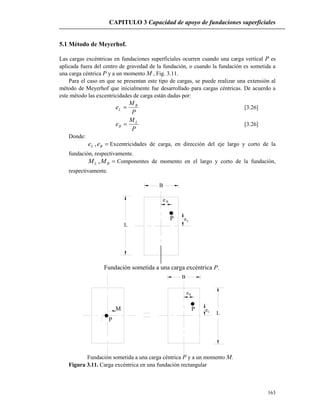 CAPITULO 3 Capacidad de apoyo de fundaciones superficiales
163
5.1 Método de Meyerhof.
Las cargas excéntricas en fundaciones superficiales ocurren cuando una carga vertical P es
aplicada fuera del centro de gravedad de la fundación, o cuando la fundación es sometida a
una carga céntrica P y a un momento M , Fig. 3.11.
Para el caso en que se presentan este tipo de cargas, se puede realizar una extensión al
método de Meyerhof que inicialmente fue desarrollado para cargas céntricas. De acuerdo a
este método las excentricidades de carga están dadas por:
P
M
e B
L  [3.26]
P
M
e L
B  [3.26]
Donde:
BL ee , Excentricidades de carga, en dirección del eje largo y corto de la
fundación, respectivamente.
BL MM , Componentes de momento en el largo y corto de la fundación,
respectivamente.
P
B
L
Le
Be
Fundación sometida a una carga excéntrica P.
P
M
B
P
L
eL
Be
Fundación sometida a una carga céntrica P y a un momento M.
Figura 3.11. Carga excéntrica en una fundación rectangular
 