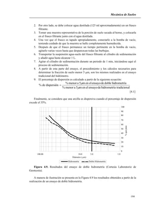 Mecánica de Suelos
194
2. Por otro lado, se debe colocar agua destilada (125 ml aproximadamente) en un frasco
filtrante.
3. Tomar una muestra representativa de la porción de suelo secada al horno, y colocarla
en el frasco filtrante junto con el agua destilada.
4. Una vez que el frasco es tapado apropiadamente, conectarlo a la bomba de vacío,
teniendo cuidado de que la muestra se halle completamente humedecida.
5. Después de que el frasco permanece un tiempo pertinente en la bomba de vacío,
agitarlo varias veces hasta que desparezcan todas las burbujas.
6. Transportar la suspensión agua-suelo del frasco filtrante al cilindro de sedimentación
y añadir agua hasta alcanzar 1 L.
7. Agitar el cilindro de sedimentación durante un periodo de 1 min, iniciándose aquí el
proceso de sedimentación.
8. A partir de esta parte del ensayo, el procedimiento y los cálculos necesarios para
determinar la fracción de suelo menor 5 m, son los mismos realizados en el ensayo
tradicional del hidrómetro.
9. El porcentaje de dispersión es calculado a partir de la siguiente ecuación:
altradicionahidrometrídeensayoelenm5amenor%
ahidrometrídobledeensayoelenm5amenor%
dispersiónde%



[4.1]
Finalmente, se considera que una arcilla es dispersiva cuando el porcentaje de dispersión
excede el 35%.
Diámetro ( m)
%quepasa
100.00 10.0 5.0
0
1.0
10
20
30
40
50
60
70
80
90
100

Hidrometría Doble Hidrometría
Figura 4.9. Resultados del ensayo de doble hidrometría (Cortesía Laboratorio de
Geotecnia).
A manera de ilustración se presenta en la Figura 4.9 los resultados obtenidos a partir de la
realización de un ensayo de doble hidrometría.
 