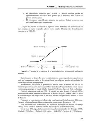 CAPITULO 5 Esfuerzos laterales del terreno
219
 El movimiento requerido para alcanzar la presión máxima pasiva es
aproximadamente diez veces más grande que el requerido para alcanzar la
presión mínima activa.
 El movimiento requerido para alcanzar las presiones límites, es mayor para
suelos sueltos que para suelos densos.
La Figura 5.3 presenta la variación de la presión lateral del terreno con la inclinación del
muro tomando en cuenta los estados activo y pasivo para los diferentes tipos de suelo que se
presentan en la Tabla 5.1.
Esfuerzolateral
Presión pasiva,
Presión en reposo,
Presión activa,
p'
a
'
h'
Inclinación del muro Inclinación del muro

p

a
Figura 5.3. Variación de la magnitud de la presión lateral del terreno con la inclinación
del muro.
A continuación se desarrollan tanto los métodos como sus correspondientes ecuaciones, a
partir de los cuales se realiza la determinación de los esfuerzos laterales en condición de
reposo, en condición activa y pasiva.
Históricamente, la solución al problema de presión lateral de terreno fue una de las
primeras aplicaciones de los métodos científicos para el diseño de estructuras; siendo los dos
pioneros en este campo: el francés Charles Augustin Coulomb y el escosés W. J. M. Rankine.
Coulomb presentó su teoría en 1773 y la publicó tres años después (Coulomb, 1776),
mientras que Rankine desarrolló su teoría más de 80 años después (Rankine, 1857). A pesar
de esta cronología, por simplicidad, es más fácil discutir conceptualmente primero la teoría
de Rankine.
Finalmente se presenta otro método popular para la estimación de la presión del terreno.
Este es el método de la espiral logarítmica que fue propuesto por Terzaghi en 1943.
Debe enfatizarse que, dependiendo del ángulo de inclinación del terreno, el empuje
activo y pasivo calculado mediante distintos métodos puede ser bastante diferente.
Con el paso del tiempo, trabajos experimentales fueron realizados por Terzaghi (1932),
Schofield (1961), Rowe y Peaker (1965), Mackey y Kirk (1967), Narain et al. (1969), James
 