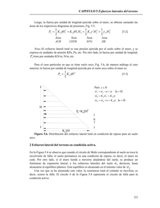 CAPITULO 5 Esfuerzos laterales del terreno
223
o
H
3
KoH
H
P =Ko 2
H
Luego, la fuerza por unidad de longitud ejercida sobre el muro, se obtiene sumando las
áreas de los respectivos diagramas de presiones, Fig. 5.5.
2
2
2
2
'
21
2
1
2
1
2
1
2
1
HHKHHKHKP woooo   [5.2]
Área Área Área Area
ACB CEFB EFG JIK
Nota.-El esfuerzo lateral total es una presión ejercida por el suelo sobre el muro, y se
expresa en unidades de presión KPa, Pa, etc. Por otro lado, la fuerza por unidad de longitud,
oP tiene por unidades KN/m, N/m, etc.
Para el caso particular en que se tiene suelo seco, Fig. 5.6, de manera análoga al caso
anterior; la fuerza por unidad de longitud ejercida por el suelo seco sobre el muro es:
2
2
1
HKP oo  [5.3]
Para Hz 
 0'
 uzuvv 
zKK ovoh   ''
 0'
 uzKu ohh 
Figura 5.6. Distribución del esfuerzo lateral total en condición de reposo para un suelo
seco.
2 Esfuerzo lateral del terreno en condición activa.
En la Figura 5.4 se observa que cuando el círculo de Mohr correspondiente al suelo no toca la
envolvente de falla, el suelo permanece en una condición de reposo, es decir, el muro no
cede. Por otro lado, si el muro tiende a moverse alejándose del suelo, se produce un
fenómeno de expansión lateral, y los esfuerzos laterales del suelo '
h decrecen, hasta
alcanzarse el equilibrio plástico. Este equilibrio es alcanzado en el mínimo valor de '
h .
Una vez que se ha alcanzado este valor, la resistencia total al cortante se moviliza, es
decir, ocurre la falla. El círculo b de la Figura 5.4 representa el círculo de falla para la
condición activa.
 