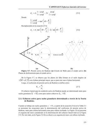 CAPITULO 5 Esfuerzos laterales del terreno
225
Esfuerzocortante
Esfuerzo normala
'
c
O
D
C
D'
A 'v
'vKo
'
'
'
45 +
2
45 +

2
'
'
'
'
'
'
''
1
cos
2
1
1





sen
c
sen
sen
va




 [5.5]
Donde:









2
45tan
1
1 '
2
'
'



sen
sen
Reemplazando en la ecuación [5.5]:













2
45tan2
2
45tan
'
'
'
2'' 
 cva [5.6]
(a)
(a) (b)
Figura 5.7. Presión activa de Rankine (a) Círculo de Mohr para el estado activo (b)
Planos de deslizamiento para el estado activo.
De la Figura 5.7, se observa que los planos de falla forman en el suelo ángulos de
 245 '
 con el plano principal mayor, que es para este caso el plano horizontal.
Luego, el coeficiente de presión activa de Rankine se define como:
'
'
v
a
aK


 [5.7]
El esfuerzo lateral para la condición activa de Rankine puede ser determinado tanto para
suelos granulares  0'
c , como para suelos cohesivos  0uc .
2.1.1 Esfuerzo activo para suelos granulares determinado a través de la Teoría
de Rankine.
Cuando se trabaja con suelos granulares 0'
c , y a partir de la ecuación [5.6] en la Tabla 5.3
se presentan las ecuaciones para la determinación del coeficiente de presión activa de
Rankine, tanto para relleno horizontal como para relleno inclinado. La Figura 5.8 (a) presenta
el esquema del muro considerado en la determinación del esfuerzo lateral total en la Figura
5.9. Por otro lado, en la Figura 5.8 (b) se observa un esquema de muro con relleno inclinado.
 