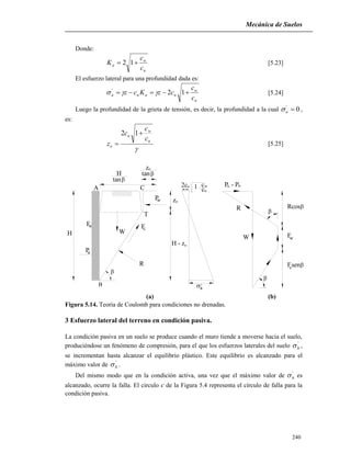 Mecánica de Suelos
240
Donde:
u
w
a
c
c
K  12 [5.23]
El esfuerzo lateral para una profundidad dada es:
u
w
uaua
c
c
czKcz  12'
 [5.24]
Luego la profundidad de la grieta de tensión, es decir, la profundidad a la cual 0'
a ,
es:

u
w
u
o
c
c
c
z


12
[5.25]
B
Pa
Fw
R
Fc
W
Pw
T

H
A C
H
tan
z
tan
o
zo
H - zo


R
W
P - PA w
cosR
senFc
Fw
a'
2cu cw
cu
1
(a) (b)
Figura 5.14. Teoría de Coulomb para condiciones no drenadas.
3 Esfuerzo lateral del terreno en condición pasiva.
La condición pasiva en un suelo se produce cuando el muro tiende a moverse hacia el suelo,
produciéndose un fenómeno de compresión, para el que los esfuerzos laterales del suelo '
h ,
se incrementan hasta alcanzar el equilibrio plástico. Este equilibrio es alcanzado para el
máximo valor de '
h .
Del mismo modo que en la condición activa, una vez que el máximo valor de '
h es
alcanzado, ocurre la falla. El circulo c de la Figura 5.4 representa el círculo de falla para la
condición pasiva.
 
