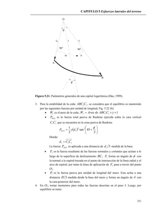 CAPITULO 5 Esfuerzos laterales del terreno
251
O
A
B
90° 90°
rrro 1
m n
'

Figura 5.21. Parámetros generales de una espiral logarítmica (Das, 1999).
3. Para la estabilidad de la cuña '
11CABC , se considera que el equilibrio es mantenido
por las siguientes fuerzas por unidad de longitud, Fig. 5.22 (b):
 1W es el peso de la cuña , 1'
111  CABCdeAreaW
 )1(dP es la fuerza total pasiva de Rankine ejercida sobre la cara vertical
'
11CC que se encuentra en la zona pasiva de Rankine.
  






2
45tan
2
1 '
22
1)1(

 dPd
Donde:
'
111 CCd 
La fuerza )1(dP es aplicada a una distancia de 31d medida de la base.
 1F es la fuerza resultante de las fuerzas normales y cortantes que actúan a lo
largo de la superficie de deslizamiento 1BC . 1F forma un ángulo de '
 con
la normal a la espiral trazada en el punto de intersección de la línea radial y el
arco de espiral; por tanto la línea de aplicación de 1F pasa a través del punto
O1.
 1P es la fuerza pasiva por unidad de longitud del muro. Esta actúa a una
distancia 3H medida desde la base del muro y forma un ángulo de  con
la cara posterior del muro.
4. En O1, tomar momentos para todas las fuerzas descritas en el paso 3. Luego, por
equilibrio se tiene:
 