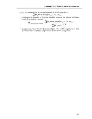 CAPITULO 6 Diseño de muros de contención
282
16. La fuerza máxima que se genera a lo largo de la superficie de falla es:
   322312121 costan lclclcW 
17. Finalmente se determina el factor de seguridad para falla por cortante profunda a
través de la siguiente expresión:
 
 
 




r
XP
senW
lclclcW
FS
a
profundatecorporfalla

 322312121
tan
costan
18. Luego se determina el factor de seguridad para otras posibles superficies de falla,
hasta encontrar la superficie que presente el mínimo factor de seguridad.
 