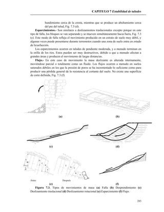 CAPITULO 7 Estabilidad de taludes
285
D
C
B
A
w
a
b
h
E
D C
B
A B
hundimiento cerca de la cresta, mientras que se produce un abultamiento cerca
del pie del talud, Fig. 7.3 (d).
Esparcimientos.- Son similares a deslizamientos traslacionales excepto porque en este
tipo de falla, los bloques se van separando y se mueven simultáneamente hacia fuera, Fig. 7.3
(e). Este modo de falla refleja el movimiento producido en un estrato de suelo muy débil, y
algunas veces puede presentarse durante terremotos cuando una zona de suelo entra en estado
de licuefacción.
Los esparcimientos ocurren en taludes de pendiente moderada, y a menudo terminan en
la orilla de los ríos. Estos pueden ser muy destructivos, debido a que a menudo afectan a
grandes áreas y producen el movimiento de largas distancias.
Flujo.- En este caso de movimiento la masa deslizante es alterada internamente,
moviéndose parcial o totalmente como un fluido. Los flujos ocurren a menudo en suelos
saturados débiles en los que la presión de poros se ha incrementado lo suficiente como para
producir una pérdida general de la resistencia al cortante del suelo. No existe una superficie
de corte definida, Fig. 7.3 (f).
(a) (b)
(c) (d)
Antes Después
(e) (f)
Figura 7.3. Tipos de movimientos de masa (a) Falla (b) Desprendimiento (c)
Deslizamiento traslacional (d) Deslizamiento rotacional (e) Esparcimiento (f) Flujo.
 