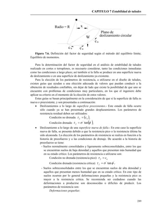 CAPITULO 7 Estabilidad de taludes
289
x
W
cu
uc
uc
Radio = R
Plano de
deslizamiento circular
Figura 7.6. Definición del factor de seguridad según el método del equilibrio límite;
Equilibrio de momentos.
Para la determinación del factor de seguridad en el análisis de estabilidad de taludes
realizado en cortes o terraplenes, es necesario considerar, tanto las condiciones inmediatas
como las condiciones a largo plazo; así también si la falla se produce en una superficie nueva
de deslizamiento o en una superficie de deslizamiento ya existente.
Para la elección de los parámetros de resistencia, a utilizarse en el diseño de taludes,
existen guías que ayudan a una elección adecuada de valores que puedan conducir a la
obtención de resultados confiables, sin dejar de lado que existe la posibilidad de que uno se
encuentre con problemas de condiciones muy particulares, en los que el ingeniero debe
aplicar su criterio en el momento de la elección de estos valores.
Estas guías se basan principalmente en la consideración de que si la superficie de falla es
nueva o preexistente, y son presentadas a continuación:
 Deslizamientos a lo largo de superficie preexistentes.- Este estado de falla ocurre
sólo cuando ya se han presentado grandes desplazamientos. Los parámetros de
resistencia residual deben ser utilizados:
Condición no drenada:  ruf c
Condición drenada:  rf
''
tan  
 Deslizamiento a lo largo de una superficie nueva de falla.- En este caso la superficie
nueva de falla, se presenta debido a que la resistencia pico o la resistencia última ha
sido alcanzada. La elección de los parámetros de resistencia se realiza en función a la
historia de preesfuerzo y a las condiciones de drenaje. De acuerdo a la historia de
preesfuerzo se tiene:
- Suelos normalmente consolidados y ligeramente sobreconsolidados, entre los que
se encuentran suelos de baja densidad y aquellos que presentan más humedad que
en su estado crítico. Los parámetros de resistencia a utilizarse son:
Condición no drenada (resistencia pico): uf c
Condición drenada (resistencia crítica): cf
''
tan 
- Suelos sobreconsolidados entre los que se encuentran suelos de alta densidad y
aquellos que presentan menos humedad que en su estado crítico. En este tipo de
suelos ocurren por lo general deformaciones pequeñas y la resistencia pico es
mayor a la resistencia crítica. Se recomienda ser cuidadoso cuando las
deformaciones a producirse son desconocidas o difíciles de predecir. Los
parámetros de resistencia son:
Deformaciones pequeñas:
 