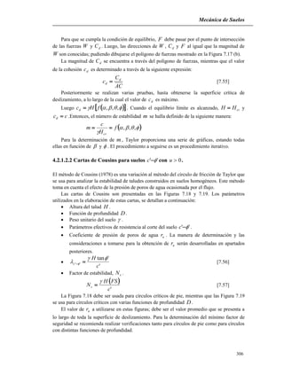 Mecánica de Suelos
306
Para que se cumpla la condición de equilibrio, F debe pasar por el punto de intersección
de las fuerzas W y dC . Luego, las direcciones de W , dC y F al igual que la magnitud de
W son conocidas; pudiendo dibujarse el polígono de fuerzas mostrado en la Figura 7.17 (b).
La magnitud de dC se encuentra a través del polígono de fuerzas, mientras que el valor
de la cohesión dc es determinado a través de la siguiente expresión:
AC
C
c d
d  [7.55]
Posteriormente se realizan varias pruebas, hasta obtenerse la superficie crítica de
deslizamiento, a lo largo de la cual el valor de dc es máximo.
Luego    ,,,fHcd  . Cuando el equilibrio límite es alcanzado, crHH  y
ccd  .Entonces, el número de estabilidad m se halla definido de la siguiente manera:
 

,,,f
H
c
m
cr

Para la determinación de m , Taylor proporciona una serie de gráficas, estando todas
ellas en función de  y  . El procedimiento a seguirse es un procedimiento iterativo.
4.2.1.2.2 Cartas de Cousins para suelos '' c con 0u .
El método de Cousins (1978) es una variación al método del círculo de fricción de Taylor que
se usa para analizar la estabilidad de taludes construidos en suelos homogéneos. Este método
toma en cuenta el efecto de la presión de poros de agua ocasionada por el flujo.
Las cartas de Cousins son presentadas en las Figuras 7.18 y 7.19. Los parámetros
utilizados en la elaboración de estas cartas, se detallan a continuación:
 Altura del talud H .
 Función de profundidad D.
 Peso unitario del suelo  .
 Parámetros efectivos de resistencia al corte del suelo '' c .
 Coeficiente de presión de poros de agua ur . La manera de determinación y las
consideraciones a tomarse para la obtención de ur serán desarrolladas en apartados
posteriores.

'
'tan
''
c
H
c

   [7.56]
 Factor de estabilidad, sN .
 
'c
FSH
Ns

 [7.57]
La Figura 7.18 debe ser usada para círculos críticos de pie, mientras que las Figura 7.19
se usa para círculos críticos con varias funciones de profundidad D.
El valor de ur a utilizarse en estas figuras; debe ser el valor promedio que se presenta a
lo largo de toda la superficie de deslizamiento. Para la determinación del mínimo factor de
seguridad se recomienda realizar verificaciones tanto para círculos de pie como para círculos
con distintas funciones de profundidad.
 