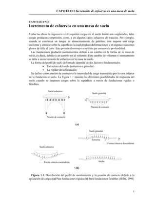 CAPITULO 1 Incremento de esfuerzos en una masa de suelo
1
CAPITULO UNO
Incremento de esfuerzos en una masa de suelo
Todas las obras de ingeniería civil imparten cargas en el suelo donde son emplazadas, tales
cargas producen compresión, corte, y en algunos casos esfuerzos de tracción. Por ejemplo,
cuando se construye un tanque de almacenamiento de petróleo, éste impone una carga
uniforme y circular sobre la superficie; la cual produce deformaciones y en algunas ocasiones
planos de falla al corte. Esta presión disminuye a medida que aumenta la profundidad.
Las fundaciones producen asentamientos debido a un cambio en la forma de la masa de
suelo, es decir, debido a un cambio en el volumen. Este cambio de volumen o asentamiento
se debe a un incremento de esfuerzos en la masa de suelo.
La forma del perfil de suelo deformado depende de dos factores fundamentales:
 Estructura del suelo (cohesivo o granular)
 La rigidez de la fundación
Se define como presión de contacto a la intensidad de carga transmitida por la cara inferior
de la fundación al suelo. La Figura 1.1 muestra las diferentes posibilidades de respuesta del
suelo cuando se imponen cargas sobre la superficie a través de fundaciones rígidas o
flexibles.
Presión de contacto
Suelo granular
Presión de contacto
Suelo cohesivo
s
s
(a)
Estrecha
Suelo granular
AnchaForma cóncava ascendente
Suelo cohesivo
Forma cóncava descendente
s
<(b)
Figura 1.1. Distribución del perfil de asentamiento y la presión de contacto debido a la
aplicación de cargas (a) Para fundaciones rígidas (b) Para fundaciones flexibles (Holtz, 1991)
 