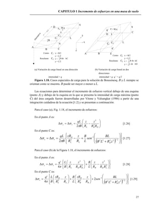 CAPITULO 1 Incremento de esfuerzos en una masa de suelo
27
q
L
q
C
B C
A
B
P BLq
2
2
3
2
=
L/2
Centro
Resultante
1C
2C
x = B/2
y = L/2
y = L/2
x = B2
3
de AC
A B E
L
C
D
P = BLq
1C 2C
y
x
z
x = B/2Centro C
Resultante x =
y = L/2
C2
1
B12
7 AEde
7 deLy = 12
AD
Alternativa
q'
q
q'
1C
D
(a) Variación de carga lineal en una dirección (b) Variación de carga lineal en dos
direcciones
intensidad = q intensidad = q; q’ = q/2
Figura 1.18. Casos especiales de carga para la solución de Boussinesq. B y L siempre se
orientan como se muestra. B puede ser mayor o menor a L.
Las ecuaciones para determinar el incremento de esfuerzo vertical debajo de una esquina
(punto A) y debajo de la esquina en la que se presenta la intensidad de carga máxima (punto
C) del área cargada fueron desarrolladas por Vitone y Valsangkar (1986) a partir de una
integración cuidadosa de la ecuación [1.2] y se presentan a continuación:
Para el caso (a), Fig. 1.18, el incremento de esfuerzos:
En el punto A es:







DBL
vz
RR
z
R
z
B
qL
2
3
2
 [1.26]
En el punto C es:
  
















 
2/12222
1
2
2 zRLB
BL
sen
L
B
R
z
R
zR
B
qL
DLL
D
vz

 [1.27]
Para el caso (b) de la Figura 1.18, el incremento de esfuerzos:
En el punto A es:




















 2
3
2
3
4
'
LDBBDL
vz
RR
z
R
z
L
B
RR
z
R
z
B
Lq

 [1.28]
En el punto C es:
  




























 
2/12222
1
22
2
4
'
zRLB
BL
sen
R
z
R
zR
L
B
R
z
R
zR
B
Lq
DBB
D
LL
D
v

 [1.29]
 