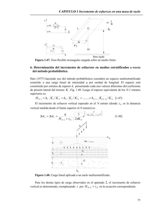 CAPITULO 1 Incremento de esfuerzos en una masa de suelo
55
q
y
B
L
L
B
B
H
Lx
Ly
z
x
O C
z=0
x
y
O
C
x
z
L
B
m
Base rígida
z=H
Figura 1.47. Área flexible rectangular cargada sobre un medio finito
6. Determinación del incremento de esfuerzos en medios estratificados a través
del método probabilístico.
Harr (1977) haciendo uso del método probabilístico considera un espacio multiestratificado
sometido a una carga lineal de intensidad q por unidad de longitud. El espacio está
constituido por estratos de espesor hi presentando cada uno valores diferentes del coeficiente
de presión lateral del terreno K , Fig. 1.48. Luego el espesor equivalente de los N-1 estratos
superiores es:
  NNNNNN KKhKKhKKhH /........// 1122111   [1.47]
El incremento de esfuerzo vertical esperado en el N estrato (donde Nz es la distancia
vertical medida desde el límite superior al N estrato) es:
  













2
1
2
2
1 2
1 NNN zHK
x
NNN
vz e
KzH
q

 [1.48]
h2
h1
h3
x
q
1
2
3
z
z
3z
v = ( x,h )1
2
Figura 1.48. Carga lineal aplicada a un suelo multiestratificado.
Para los demás tipos de carga observados en el apartado 2, el incremento de esfuerzo
vertical es determinado, reemplazando z por NN zH 1 en la ecuación correspondiente.
 