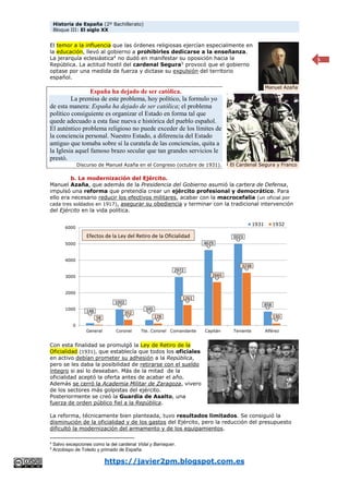 Historia de España (2º Bachillerato)
Bloque III: El siglo XX
https://javier2pm.blogspot.com.es
5
El temor a la influencia que las órdenes religiosas ejercían especialmente en
la educación, llevó al gobierno a prohibirles dedicarse a la enseñanza.
La jerarquía eclesiástica4
no dudó en manifestar su oposición hacia la
República. La actitud hostil del cardenal Segura5
provocó que el gobierno
optase por una medida de fuerza y dictase su expulsión del territorio
español.
España ha dejado de ser católica.
La premisa de este problema, hoy político, la formulo yo
de esta manera: España ha dejado de ser católica; el problema
político consiguiente es organizar el Estado en forma tal que
quede adecuado a esta fase nueva e histórica del pueblo español.
El auténtico problema religioso no puede exceder de los límites de
la conciencia personal. Nuestro Estado, a diferencia del Estado
antiguo que tomaba sobre sí la curatela de las conciencias, quita a
la Iglesia aquel famoso brazo secular que tan grandes servicios le
prestó.
Discurso de Manuel Azaña en el Congreso (octubre de 1931).
b. La modernización del Ejército.
Manuel Azaña, que además de la Presidencia del Gobierno asumió la cartera de Defensa,
impulsó una reforma que pretendía crear un ejército profesional y democrático. Para
ello era necesario reducir los efectivos militares, acabar con la macrocefalia (un oficial por
cada tres soldados en 1917), asegurar su obediencia y terminar con la tradicional intervención
del Ejército en la vida política.
Con esta finalidad se promulgó la Ley de Retiro de la
Oficialidad (1931), que establecía que todos los oficiales
en activo debían prometer su adhesión a la República,
pero se les daba la posibilidad de retirarse con el sueldo
íntegro si así lo deseaban. Más de la mitad de la
oficialidad aceptó la oferta antes de acabar el año.
Además se cerró la Academia Militar de Zaragoza, vivero
de los sectores más golpistas del ejército.
Posteriormente se creó la Guardia de Asalto, una
fuerza de orden público fiel a la República.
La reforma, técnicamente bien planteada, tuvo resultados limitados. Se consiguió la
disminución de la oficialidad y de los gastos del Ejército, pero la reducción del presupuesto
dificultó la modernización del armamento y de los equipamientos.
4
Salvo excepciones como la del cardenal Vidal y Barraquer.
5
Arzobispo de Toledo y primado de España
El Cardenal Segura y Franco
148
1002
345
2972
4629
5023
858
58
352
128
1261
2665
3238
130
0
1000
2000
3000
4000
5000
6000
General Coronel Tte. Coronel Comandante Capitán Teniente Alférez
1931 1932
Manuel Azaña
Efectos de la Ley del Retiro de la Oficialidad
 