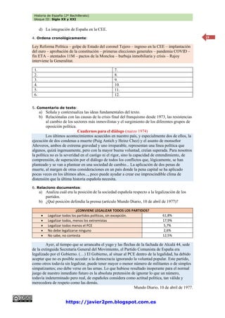 Historia de España (2º Bachillerato)
bloque III: Siglo XX y XXI
https://javier2pm.blogspot.com.es
19
d) La integración de España en la CEE.
4. Ordena cronológicamente:
Ley Reforma Política – golpe de Estado del coronel Tejero – ingreso en la CEE – implantación
del euro – aprobación de la constitución – primeras elecciones generales – pandemia COVID –
fin ETA – atentados 11M – pactos de la Moncloa – burbuja inmobiliaria y crisis – Rajoy
interviene la Generalitat.
1. 7.
2. 8.
3. 9.
4. 10.
5. 11.
6. 12.
5. Comentario de texto:
a) Señala y contextualiza las ideas fundamentales del texto.
b) Relaciónalas con las causas de la crisis final del franquismo desde 1973, las resistencias
al cambio de los sectores más inmovilistas y el surgimiento de los diferentes grupos de
oposición política.
Cuadernos para el diálogo (marzo 1974)
Los últimos acontecimientos acaecidos en nuestro país, y especialmente dos de ellos, la
ejecución de dos condenas a muerte (Puig Antich y Heinz Chez) y el asunto de monseñor
Añoveros, ambos de extrema gravedad y uno irreparable, representan una línea política que
algunos, quizá ingenuamente, pero con la mayor buena voluntad, creían superada. Para nosotros
la política no es la severidad en el castigo ni el rigor, sino la capacidad de entendimiento, de
comprensión, de superación por el diálogo de todos los conflictos que, lógicamente, se han
planteado y se van a plantear en una sociedad de cambio... La aplicación de dos penas de
muerte, al margen de otras consideraciones en un país donde la pena capital se ha aplicado
pocas veces en los últimos años..., poco puede ayudar a crear ese imprescindible clima de
distensión que la última historia española necesita.
6. Relaciono documentos:
a) Analiza cuál era la posición de la sociedad española respecto a la legalización de los
partidos.
b) ¿Qué posición defendía la prensa (artículo Mundo Diario, 10 de abril de 1977)?
¿CONVIENE LEGALIZAR TODOS LOS PARTIDOS?
 Legalizar todos los partidos políticos, sin excepción. 61,8%
 Legalizar todos, menos los extremistas 17,9%
 Legalizar todos menos el PCE 5,7%
 No debe legalizarse ninguno 2,6%
 No sabe, no contesta 12,5%
Ayer, al tiempo que se arrancaba el yugo y las flechas de la fachada de Alcalá 44, sede
de la extinguida Secretaría General del Movimiento, el Partido Comunista de España era
legalizado por el Gobierno. (…) El Gobierno, al situar al PCE dentro de la legalidad, ha debido
aceptar que no es posible acceder a la democracia ignorando la voluntad popular. Este partido,
como otros todavía sin legalizar, puede tener mayor o menor número de militantes o de simples
simpatizantes; eso debe verse en las urnas. Lo que hubiese resultado inoperante para el normal
juego de nuestro inmediato futuro es la absoluta pretensión de ignorar lo que un número,
todavía indeterminado pero real, de españoles considera como actitud política, tan válida y
merecedora de respeto como las demás.
Mundo Diario, 10 de abril de 1977.
 