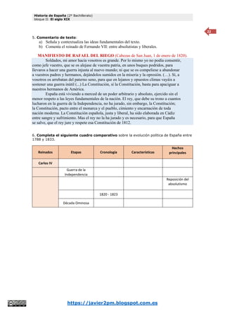 Historia de España (2º Bachillerato)
bloque II: El siglo XIX
https://javier2pm.blogspot.com.es
22
5. Comentario de texto:
a) Señala y contextualiza las ideas fundamentales del texto.
b) Comenta el reinado de Fernando VII: entre absolutistas y liberales.
MANIFIESTO DE RAFAEL DEL RIEGO (Cabezas de San Juan, 1 de enero de 1820).
Soldados, mi amor hacia vosotros es grande. Por lo mismo yo no podía consentir,
como jefe vuestro, que se os alejase de vuestra patria, en unos buques podridos, para
llevaros a hacer una guerra injusta al nuevo mundo; ni que se os compeliese a abandonar
a vuestros padres y hermanos, dejándolos sumidos en la miseria y la opresión. (…). Sí, a
vosotros os arrebatan del paterno seno, para que en lejanos y opuestos climas vayáis a
sostener una guerra inútil (...) La Constitución, sí la Constitución, basta para apaciguar a
nuestros hermanos de América.
España está viviendo a merced de un poder arbitrario y absoluto, ejercido sin el
menor respeto a las leyes fundamentales de la nación. El rey, que debe su trono a cuantos
lucharon en la guerra de la Independencia, no ha jurado, sin embargo, la Constitución;
la Constitución, pacto entre el monarca y el pueblo, cimiento y encarnación de toda
nación moderna. La Constitución española, justa y liberal, ha sido elaborada en Cádiz
entre sangre y sufrimiento. Mas el rey no la ha jurado y es necesario, para que España
se salve, que el rey jure y respete esa Constitución de 1812.
6. Completa el siguiente cuadro comparativo sobre la evolución política de España entre
1788 y 1833.
Reinados Etapas Cronología Características
Hechos
principales
Carlos IV
Guerra de la
Independencia
Reposición del
absolutismo
1820 - 1823
Década Ominosa
 
