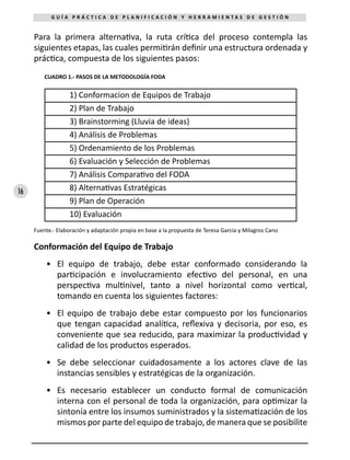 16
G U Í A P R Á C T I C A D E P L A N I F I C A C I Ó N Y H E R R A M I E N T A S D E G E S T I Ó N
Para la primera alternativa, la ruta crítica del proceso contempla las
siguientes etapas, las cuales permitirán definir una estructura ordenada y
práctica, compuesta de los siguientes pasos:
CUADRO 1.- PASOS DE LA METODOLOGÍA FODA	
1) Conformacion de Equipos de Trabajo
2) Plan de Trabajo
3) Brainstorming (Lluvia de ideas)
4) Análisis de Problemas
5) Ordenamiento de los Problemas
6) Evaluación y Selección de Problemas
7) Análisis Comparativo del FODA
8) Alternativas Estratégicas
9) Plan de Operación
10) Evaluación
Fuente.- Elaboración y adaptación propia en base a la propuesta de Teresa García y Milagros Cano
Conformación del Equipo de Trabajo
•	 El equipo de trabajo, debe estar conformado considerando la
participación e involucramiento efectivo del personal, en una
perspectiva multinivel, tanto a nivel horizontal como vertical,
tomando en cuenta los siguientes factores:
•	 El equipo de trabajo debe estar compuesto por los funcionarios
que tengan capacidad analítica, reflexiva y decisoria, por eso, es
conveniente que sea reducido, para maximizar la productividad y
calidad de los productos esperados.
•	 Se debe seleccionar cuidadosamente a los actores clave de las
instancias sensibles y estratégicas de la organización.
•	 Es necesario establecer un conducto formal de comunicación
interna con el personal de toda la organización, para optimizar la
sintonía entre los insumos suministrados y la sistematización de los
mismos por parte del equipo de trabajo, de manera que se posibilite
 