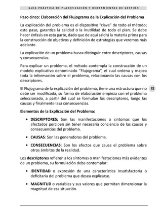93
G U Í A P R Á C T I C A D E P L A N I F I C A C I Ó N Y H E R R A M I E N T A S D E G E S T I Ó N
Paso cinco: Elaboración del Flujograma de la Explicación del Problema
La explicación del problema es el dispositivo “clave” de todo el método;
este paso, garantiza la calidad o la inutilidad de todo el plan. Se debe
hacer énfasis en esta parte, dado que de aquí saldrá la materia prima para
la construcción de objetivos y definición de estrategias que veremos más
adelante.
La explicación de un problema busca distinguir entre descriptores, causas
y consecuencias.
Para explicar un problema, el método contempla la construcción de un
modelo explicativo denominado “Flujograma”, el cual ordena y mapea
toda la información sobre el problema, relacionando las causas con los
descriptores.
El Flujograma de la explicación del problema, tiene una estructura que no
debe ser modificada, su forma de elaboración empieza con el problema
seleccionado, a partir del cual se formulan los descriptores, luego las
causas y finalmente lasa consecuencias.
Elementos de la Explicación del Problema: 
•	 DESCRIPTORES: Son las manifestaciones o síntomas que los
afectados perciben sin tener necesaria conciencia de las causas y
consecuencias del problema.
•	 CAUSAS: Son las generadoras del problema.
•	 CONSECUENCIAS: Son los efectos que causa el problema sobre
otros ámbitos de la realidad.
Los descriptores refieren a los síntomas o manifestaciones más evidentes
de un problema, su formulación debe contemplar: 
•	 IDENTIDAD o expresión de una característica insatisfactoria o
deficitaria del problema que desea explicarse.
•	 MAGNITUD o variables y sus valores que permitan dimensionar la
magnitud de esa situación.
 