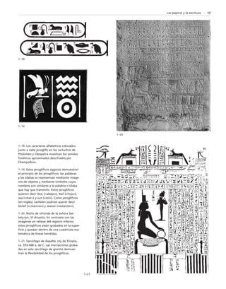 Los papiros y la escritura 13 
1–18 
1–19 
1–20 
1–21 
1–18. Los caracteres alfabéticos colocados 
junto a cada jeroglifo en los cartuchos de 
Ptolomeo y Cleopatra muestran los sonidos 
fonéticos aproximados descifrados por 
Champollion. 
1–19. Estos jeroglíficos egipcios demuestran 
el principio de los jeroglíficos: las palabras 
y las sílabas se representan mediante imáge-nes 
de objetos y mediante símbolos cuyos 
nombres son similares a la palabra o sílaba 
que hay que transmitir. Estos jeroglíficos 
quieren decir bee, («abeja»), leaf («hoja»), 
sea («mar») y sun («sol»). Como jeroglíficos 
(en inglés), también podrían querer decir 
belief («creencia») y season («estación»). 
1–20. Nicho de ofrenda de la señora Sat-tety- 
lyn, VI dinastía. En contraste con las 
imágenes en relieve del registro inferior, 
estos jeroglíficos están grabados en la super-ficie 
y quedan dentro de una cuadrícula ma-temática 
de líneas hendidas. 
1–21. Sarcófago de Aspalta, rey de Etiopía, 
ca. 593-568 a. de C. Las inscripciones graba-das 
en este sarcófago de granito demues-tran 
la flexibilidad de los jeroglíficos. 
 
