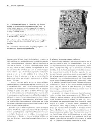 badas alrededor del 1500 a. de C. Utilizaba treinta caracteres de 
tipo cuneiforme para representar sonidos consonánticos elemen-tales. 
Los símbolos estaban compuestos por marcas en forma de 
cuña que se parecían a la escritura cuneiforme porque usaban 
una aguja similar. No había caracteres para representar las voca-les, 
que son sonidos conectores que unen las consonantes para 
formar palabras y que actualmente se representan mediante las 
letras a, e, i, o y u. El orden alfabético de la escritura de Ras 
Shamra, es decir, la secuencia en la que se memorizaban las 
letras, era el mismo que utilizaron posteriormente el alfabeto 
fenicio y el griego. 
La escritura exportada por los fenicios, un sistema alfabético 
y totalmente abstracto de veintidós caracteres (véase la figura 2-1) 
se utilizaba en el 1500 a. de C. Una de las inscripciones más anti-guas 
hechas en alfabeto fenicio se labró en el lateral de la tapa del 
sarcófago de piedra caliza del rey de Biblos, Ahiram (ca. siglo 
XI a. de C.) Es posible que la escritura de derecha a izquierda de los 
fenicios surgiera porque los picapedreros tallaban las inscripciones 
sujetando un cincel en la mano izquierda y un martillo en la dere-cha. 
Su primera escritura alfabética también se hacía sobre papiro, 
con pincel o pluma; lamentablemente, su literatura, que incluía, 
por ejemplo, una obra sobre mitología en nueve volúmenes de un 
escritor de Biblos, ha desaparecido. 
Aunque la escritura semítica septentrional supone el comienzo 
histórico del alfabeto, es posible que descienda de un prototipo 
anterior, que se ha perdido. Los primeros alfabetos se ramificaron 
en múltiples direcciones, como el alfabeto fenicio, que siguió 
evolucionando en Grecia y en Roma, y también el alfabeto ara-meo, 
que dio origen a la escritura hebrea y árabe en el resto de 
la región. 
El alfabeto arameo y sus descendientes 
El alfabeto arameo (figura 2-4), utilizado por primera vez por las 
tribus procedentes de Aram, una zona extensa en la actual Siria, es 
una importante derivación primitiva de la escritura semítica septen-trional. 
El ejemplar más antiguo que se conserva data de alrededor 
del 850 a. de C. El alfabeto arameo de veintidós letras para soni-dos 
consonánticos se escribía de derecha a izquierda. Con una 
pluma ancha que se sostenía en un ángulo de cuarenta y cinco gra-dos 
se hacían trazos horizontales gruesos y trazos verticales finos. 
Esta lengua y esta escritura predominaron en todo Oriente Medio. 
Se han encontrado ejemplos en Afganistán, Egipto, Grecia e India. 
Es el predecesor de cientos de escrituras, incluidos dos grandes 
alfabetos que se utilizan en la actualidad: el hebreo moderno y el 
árabe. Estos dos sistemas de letras funcionales y de hermoso 
diseño se siguen escribiendo de derecha a izquierda a la manera de 
sus predecesores semíticos primitivos. 
Los ejemplos más antiguos conocidos del alfabeto hebreo pri-mitivo 
o antiguo datan aproximadamente del 1000 a. de C. 
Cuando los israelitas regresaron a la zona del Mediterráneo occi-dental, 
después de su exilio en Babilonia (del 586 al 516 a. de C.), 
descubrieron que la escritura aramea había sustituido al hebreo 
antiguo en la región. El alfabeto arameo, posiblemente con 
influencias del hebreo antiguo, produjo el alfabeto hebreo cua-drado, 
que evolucionó hasta convertirse en el hebreo moderno 
(figura 2-5). Básicamente, el alfabeto hebreo está compuesto de 
las veintidós consonantes del antiguo alfabeto semítico septentrio-nal. 
Cuatro letras se utilizan también para indicar las vocales largas 
y cinco letras tienen una segunda forma para usar al final de una 
palabra. A medida que el lenguaje fue evolucionando, se añadie-ron 
a los caracteres puntos y rayas para indicar las vocales. 
20 Capítulo 2: Alfabetos 
2–3. La escritura de Ras Shamra, ca. 1500 a. de C. Este alfabeto, 
utilizado en documentos burocráticos y comerciales, mitos y le-yendas, 
reducía la escritura cuneiforme a apenas treinta y dos 
caracteres y ha sido descubierto recientemente en las ruinas de 
la antigua ciudad de Ugarit. 
2–4. Las curvas gestuales del alfabeto arameo evolucionaron hacia 
el alfabeto hebreo y el árabe. 
2–5. Las formas gráficas del alfabeto hebreo son letras enérgicas, 
en ángulo recto, con trazos horizontales más gruesos que los 
verticales. 
2–6. Los caracteres cúficos son firmes, alargados y angulosos y son 
muy admirados por sus propiedades estéticas. 2–3 
 