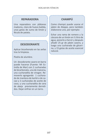 HOGAR SIN TÓXICOS
107
REPARADORA
Una reparadora con plátanos
maduros, clara de huevo batida,
unas gotas de zumo de limón y
fécula de patata.
CHAMPÚ
Como champú puede usarse el
jabón de Aleppo, pero también
elaborarse uno, por ejemplo:
Echar una rama de romero y la
cáscara de un limón en ½ litro de
agua, ponerlo a hervir y después
añadir 25 gr de jabón casero, y
luego una cucharada de gliceri-
na, y 15 gotas de aceite esencial
natural.
DESODORANTE
Aplicar bicarbonato en las axilas
tras la limpieza.
Piedra de alumbre.
Un desodorante casero en barra
puede hacerse (Fuente: Mi Es-
trella de Mar) con 2 cucharadas
de bicarbonato, una de maicena,
una cucharadita de vinagre. Re-
moverlo agregando 1 cuchara-
da de manteca de karité o de ca-
cao y 2 cucharadas de aceite de
coco, y una cucharadita de cera
de abeja previamente derreti-
dos. Dejar enfriar en un tarro.
 