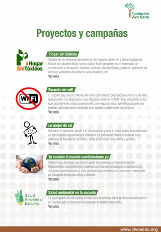 Hogar sin tóxicos
Muchos de los productos presentes en los hogares contienen y liberan sustancias
tóxicas que pueden dañar nuestra salud. Están presentes en en materiales de
construcción y decoración, aislantes, pinturas, recubrimientos, plásticos, productos de
limpieza, pesticidas domésticos, ambientadores, etc.
Ver más
Escuela sin wifi
En España hay unos 6 millones de niños con edades comprendidas entre 3 y 16 años,
que pasarán, a lo largo de su ciclo educativo, más de 10.000 horas en centros en los
que, posiblemente, exista conexión wifi, con lo que se verán sometidos durante ese
período particularmente vulnerable a un agente posiblemente cancerígeno.
Ver más
Lo mejor de mí
Descubre tu potencial, llévalo a tu vida presente y crea tu mejor futuro. Una aplicación
en Internet para que entrenes tu felicidad. La preparación física se entrena en el
gimnasio, la felicidad en la mente; entra al gimnasio de la mente y practica.
Ver más
Yo cambio el mundo cambiándome yo
Ofrecemos a personas que forman parte de empresas y organizaciones las
herramientas, conocimientos y experiencias necesarias para que se produzca una
verdadera transformación a nivel personal que permitan a las personas a desarrollar
su trabajo de forma mas ética y eficiente.
Ver más
Salud ambiental en la escuela
Es un programa de educación escolar para sensibilizar sobre la influencia del entorno
en nuestra salud y favorecer el desarrollo de hábitos saludables.
Ver más
www.vivosano.org
Proyectos y campañas
 