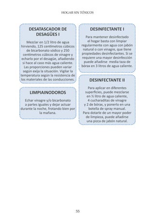 HOGAR SIN TÓXICOS
55
LIMPIAINODOROS
Echar vinagre y/o bicarbonato
a partes iguales y dejar actuar
durante la noche, frotando bien por
la mañana.
DESINFECTANTE I
Para mantener desinfectado
el hogar basta con limpiar
regularmente con agua con jabón
natural o con vinagre, que tiene
propiedades desinfectantes. Si se
requiere una mayor desinfección
puede añadirse media taza de
bórax en 3 litros de agua caliente.
DESINFECTANTE II
Para aplicar en diferentes
superficies, puede mezclarse
en ½ litro de agua caliente,
4 cucharaditas de vinagre
y 2 de bórax, y ponerlo en una
botella de spray manual.
Para dotarle de un mayor poder
de limpieza, puede añadirse
una pizca de jabón natural.
DESATASCADOR DE
DESAGÜES I
Mezclar en 1/2 litro de agua
hirviendo, 125 centímetros cúbicos
de bicarbonato sódico y 250
centímetros cúbicos de vinagre y
echarlo por el desagüe, añadiendo
si hace al caso más agua caliente.
Las proporciones pueden variar
según exija la situación. Vigilar la
temperatura según la resistencia de
los materiales de las conducciones.
 