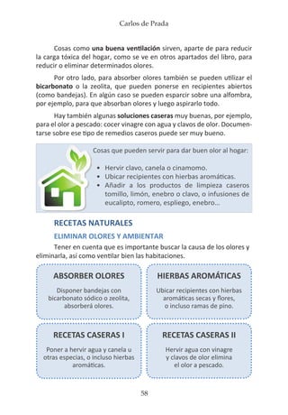 Carlos de Prada
58
Cosas como una buena ventilación sirven, aparte de para reducir
la carga tóxica del hogar, como se ve en otros apartados del libro, para
reducir o eliminar determinados olores.
Por otro lado, para absorber olores también se pueden utilizar el
bicarbonato o la zeolita, que pueden ponerse en recipientes abiertos
(como bandejas). En algún caso se pueden esparcir sobre una alfombra,
por ejemplo, para que absorban olores y luego aspirarlo todo.
Hay también algunas soluciones caseras muy buenas, por ejemplo,
para el olor a pescado: cocer vinagre con agua y clavos de olor. Documen-
tarse sobre ese tipo de remedios caseros puede ser muy bueno.
RECETAS NATURALES
ELIMINAR OLORES Y AMBIENTAR
Tener en cuenta que es importante buscar la causa de los olores y
eliminarla, así como ventilar bien las habitaciones.
Cosas que pueden servir para dar buen olor al hogar:
•	 Hervir clavo, canela o cinamomo.
•	 Ubicar recipientes con hierbas aromáticas.
•	 Añadir a los productos de limpieza caseros
tomillo, limón, enebro o clavo, o infusiones de
eucalipto, romero, espliego, enebro…
ABSORBER OLORES
Disponer bandejas con
bicarbonato sódico o zeolita,
absorberá olores.
HIERBAS AROMÁTICAS
Ubicar recipientes con hierbas
aromáticas secas y flores,
o incluso ramas de pino.
RECETAS CASERAS I
Poner a hervir agua y canela u
otras especias, o incluso hierbas
aromáticas.
RECETAS CASERAS II
Hervir agua con vinagre
y clavos de olor elimina
el olor a pescado.
 